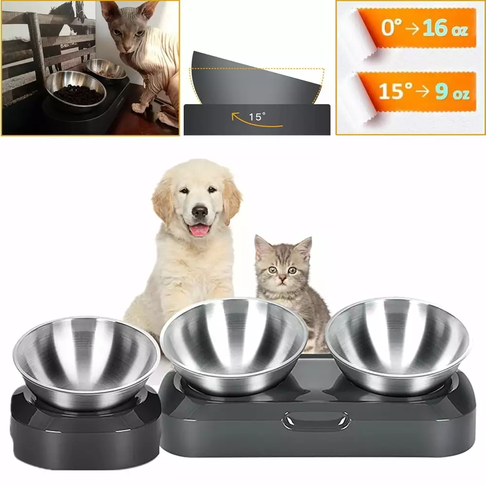 0??/15?? Tilted Raised Cat Food Bowl Set. Stuffygreenus Stainless Steel Cat Dog Feeding Bowls for Food Water Anti Vomiting Elevated with Stand Ergonomic Lifted. Neck Protection