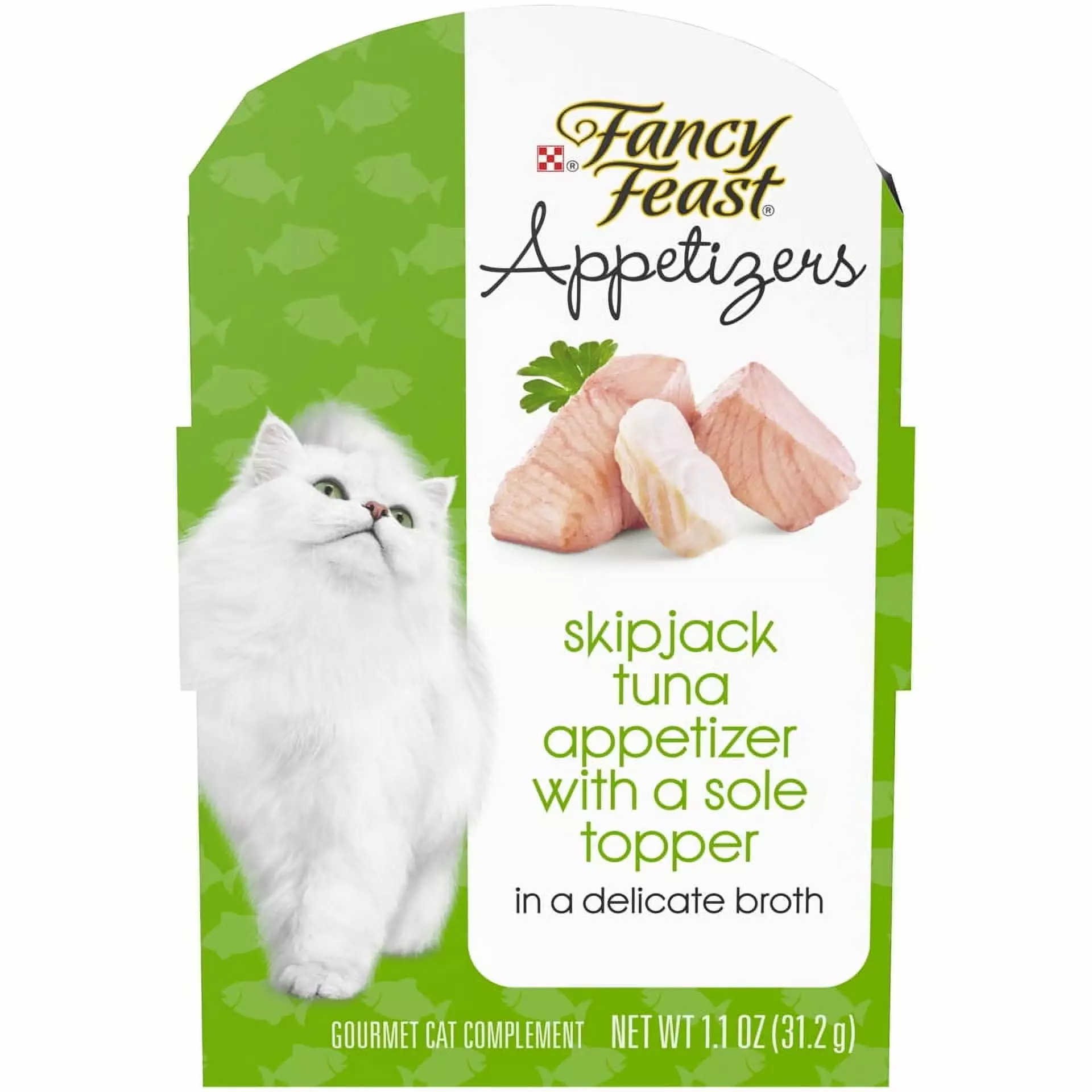 (10 Pack) Fancy Feast Grain Free Wet Cat Food Complement. Appetizers Skipjack Tuna With a Sole Topper. 1.1 oz. Trays