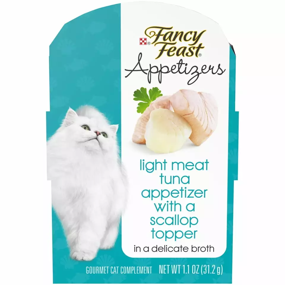 (10 Pack) Fancy Feast Wet Cat Food Complement. Appetizers Light Meat Tuna With a Scallop Topper. 1.1 oz. Trays