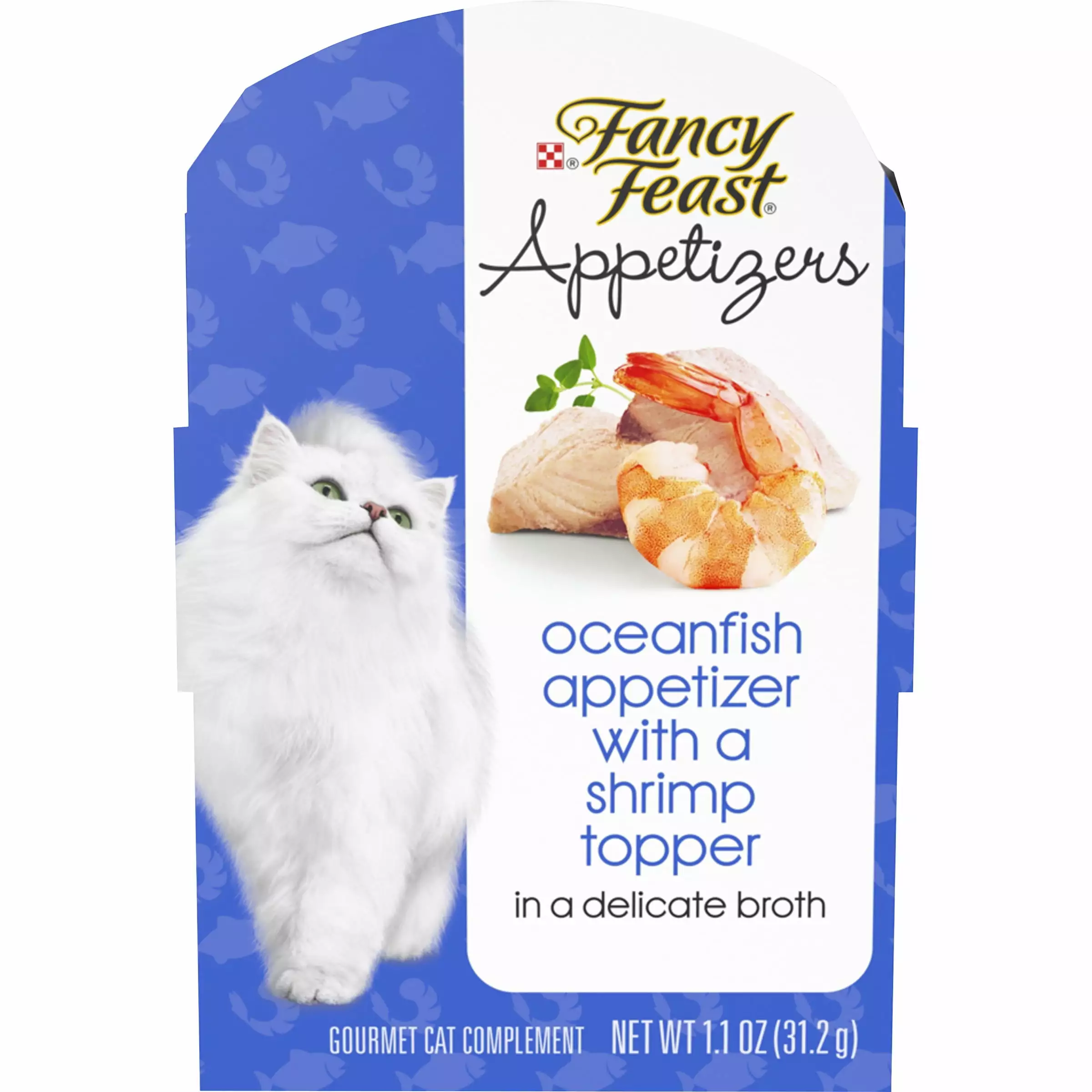 (10 Pack) Fancy Feast Wet Cat Food Complement. Appetizers Oceanfish With a Shrimp Topper in Broth. 1.1 oz. Trays