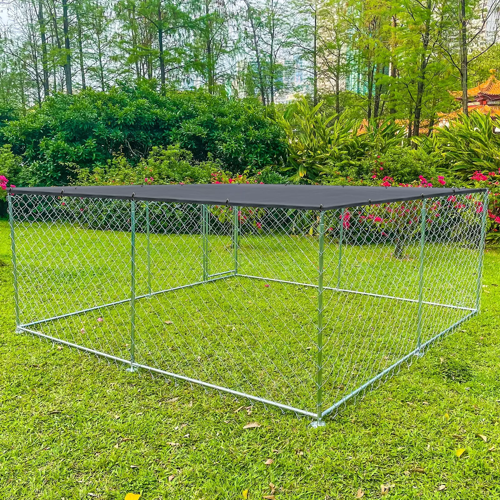 10 x10 ft Large Dog Kennel Outside with Waterproof Roof Cover. Dog Cage Heavy Duty Dog Enclosures w/Upgraded Metal Mesh and Door Locks