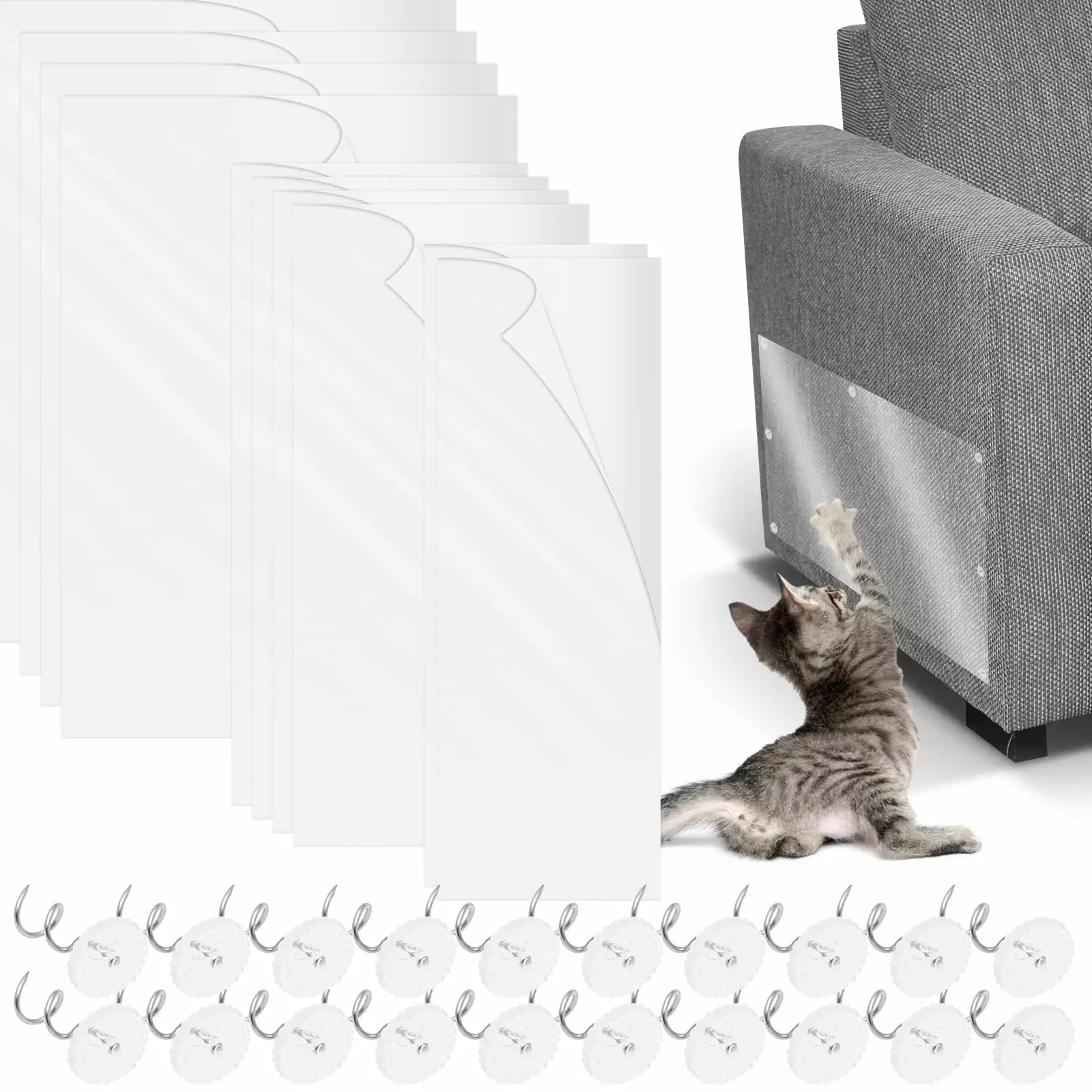 10Pcs Anti Scratch Cat Tape.Anti Cat Scratch Plastic for Furniture.Beds Couch Protectors from Cat Scratching Thick for Fabric Sofa Protector. with 60Pcs Upholstery Pins.Transparent