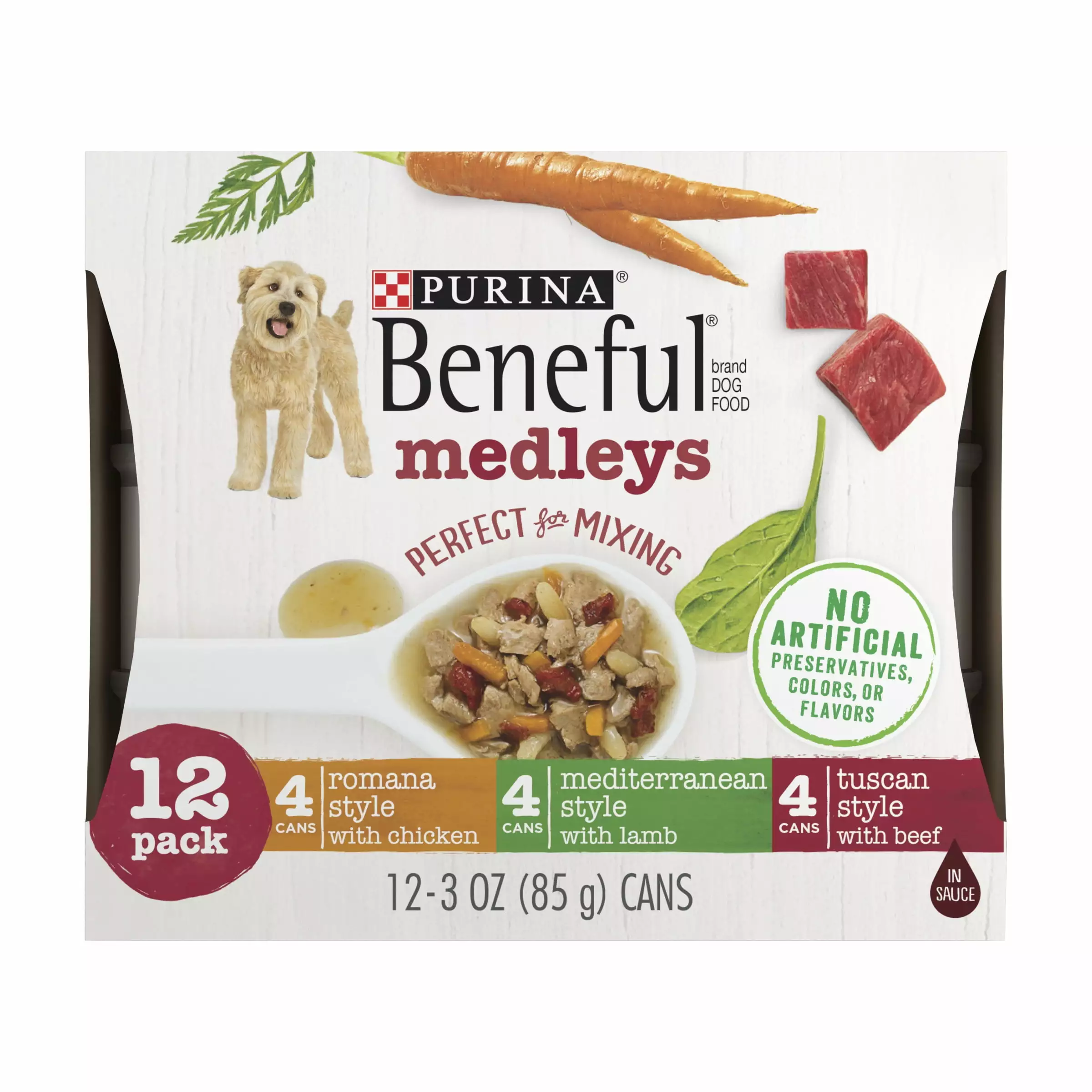 (12 Pack) Purina Beneful Wet Dog Food Variety Pack. Medleys Tuscan. Romana & Mediterranean Style. 3 oz. Cans