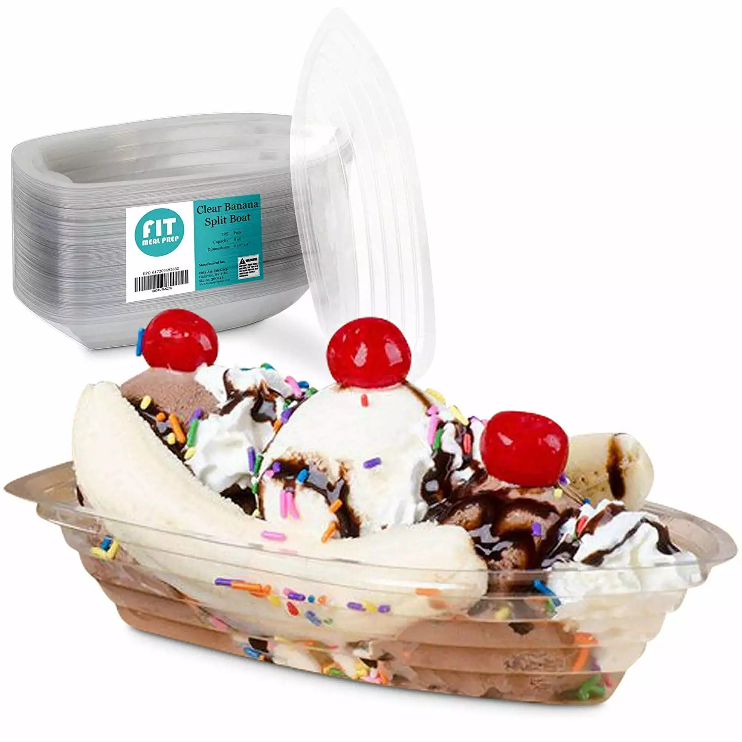 [125 Pack] 8 Oz Banana Split Boat Plate Clear PET Plastic Disposable Ice Cream Sundae Splits Bowl Tray for Gelato Parlors. Cafes. Parties. Home and Restaurants