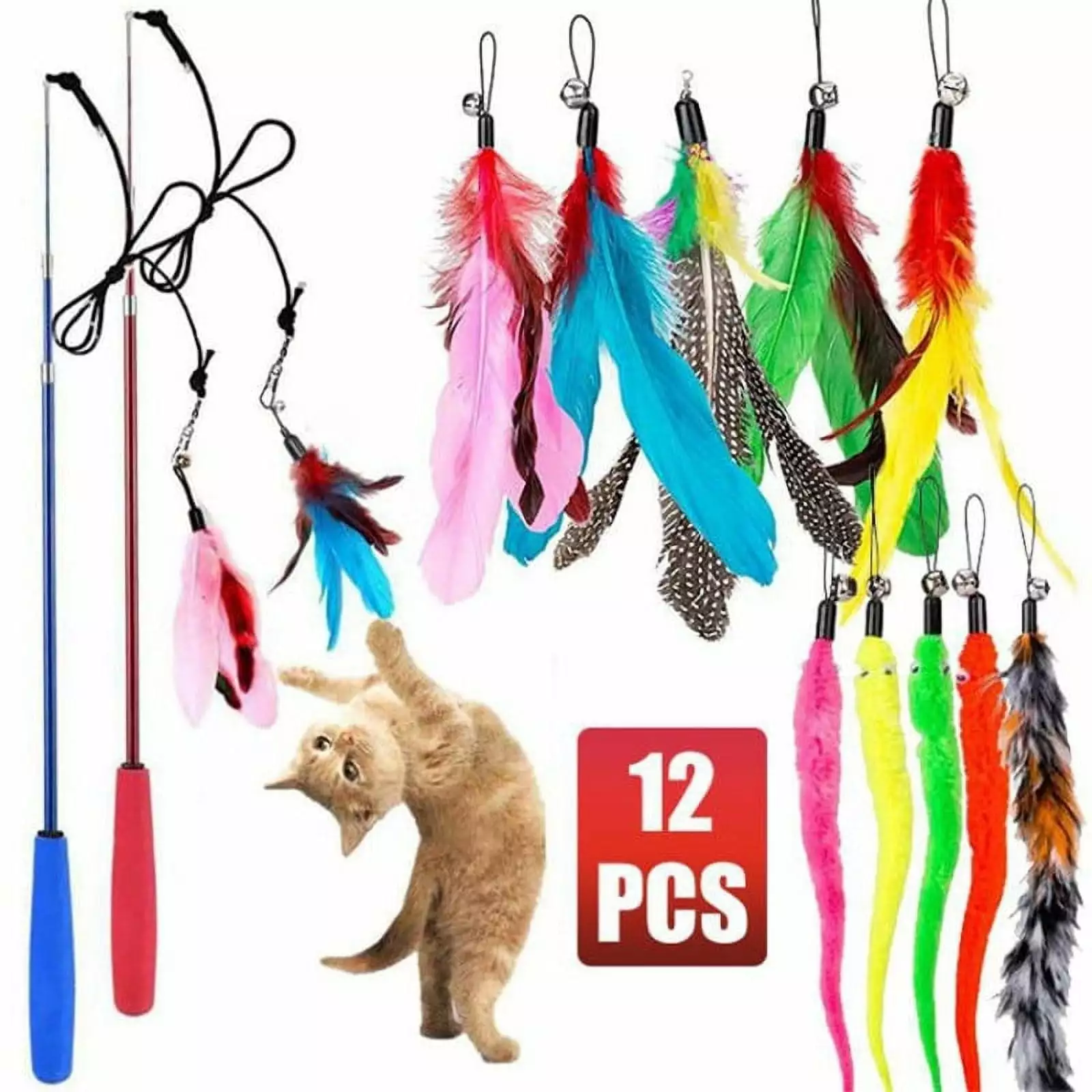 12PCS Replacement Cat Feather Toy Set Cat Feather Teaser Wand Toy for Kitten Cat Having Fun Exercise Playing