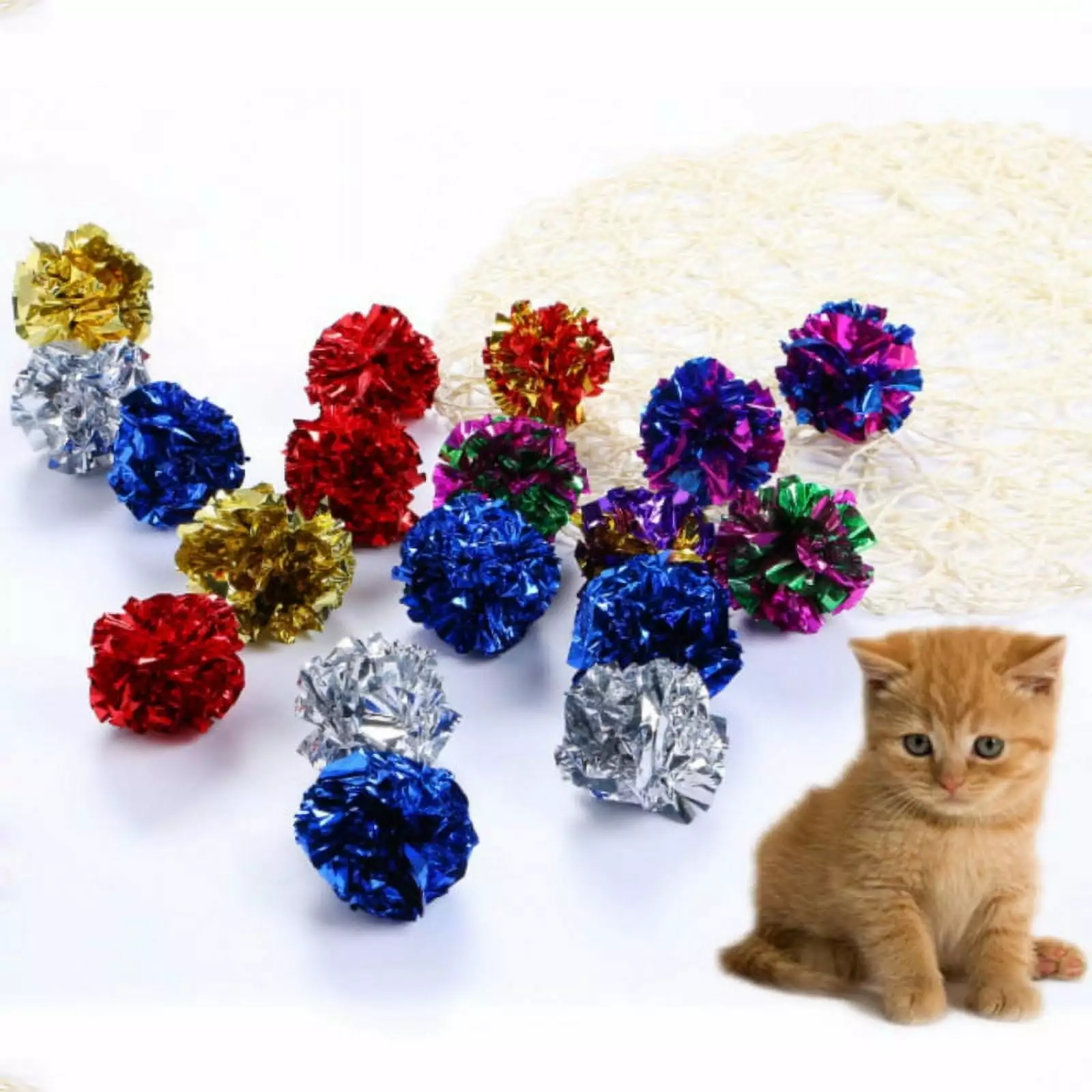 12Pcs/set Crinkle Foil Balls Pet Cat Kitten Sound Paper Toy Mylar Balls Colorful