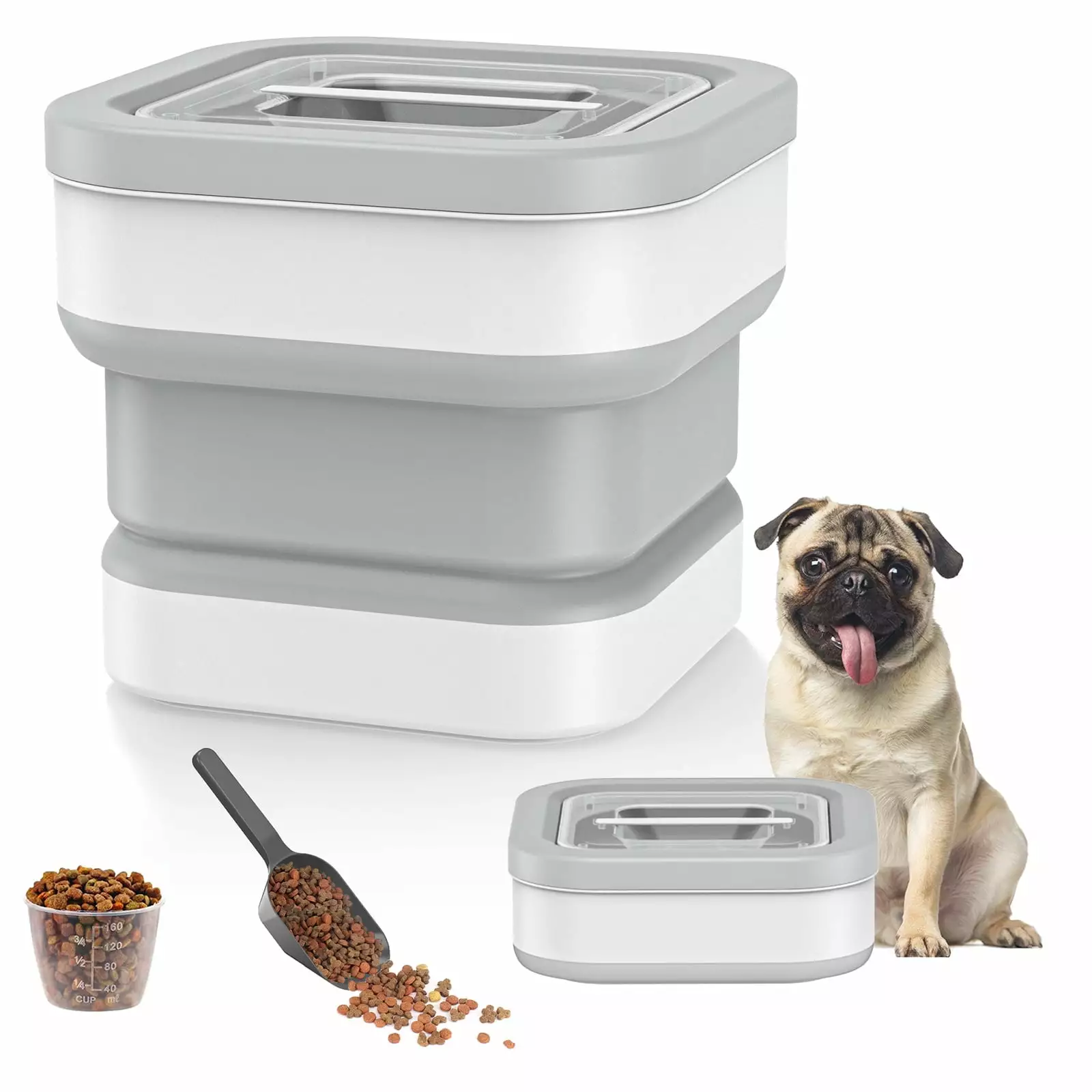 13lbs Dog Food Container. Collapsible Pet Food Storage Container with Magnetic Lid. Cat Food Containers with Scoop & Measuring Cup. Dry Food Storage for Most Pets Grey