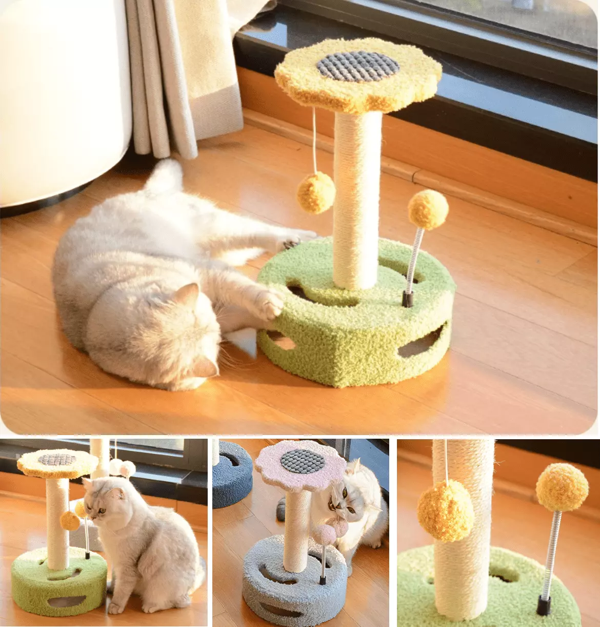 14inch Cat Tree for Indoor Small Cats Kitten Less Than 8.8 Pounds. with 1 Sisal Covered Scratching Post 1 Small Top Perch 1 Spring Ball 1 Hanging Toy Ball. Green+Yellow