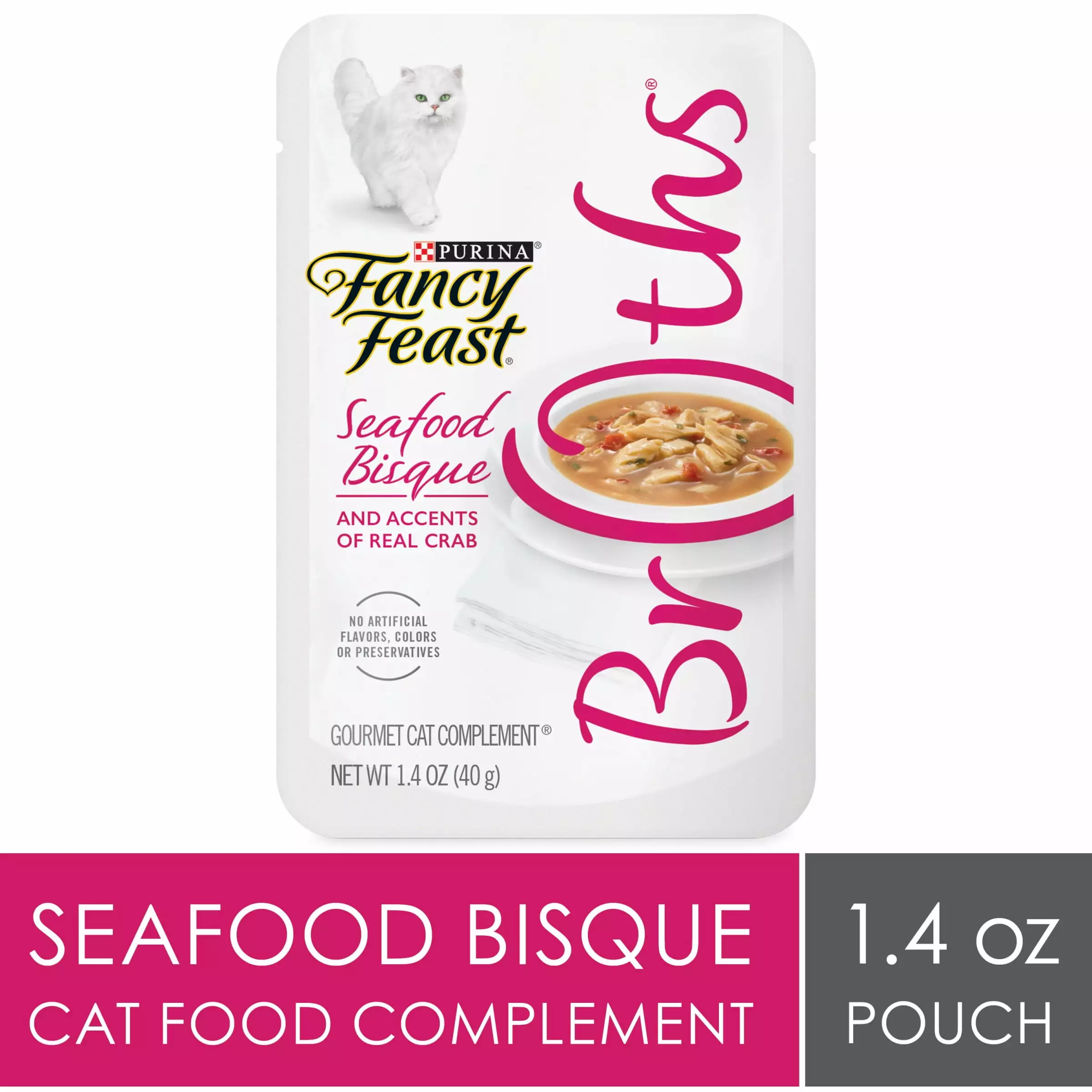 (16 Pack) Fancy Feast Grain Free Cat Food Complements. Broths Seafood Bisque & Accents of Real Crab. 1.4 oz. Pouches