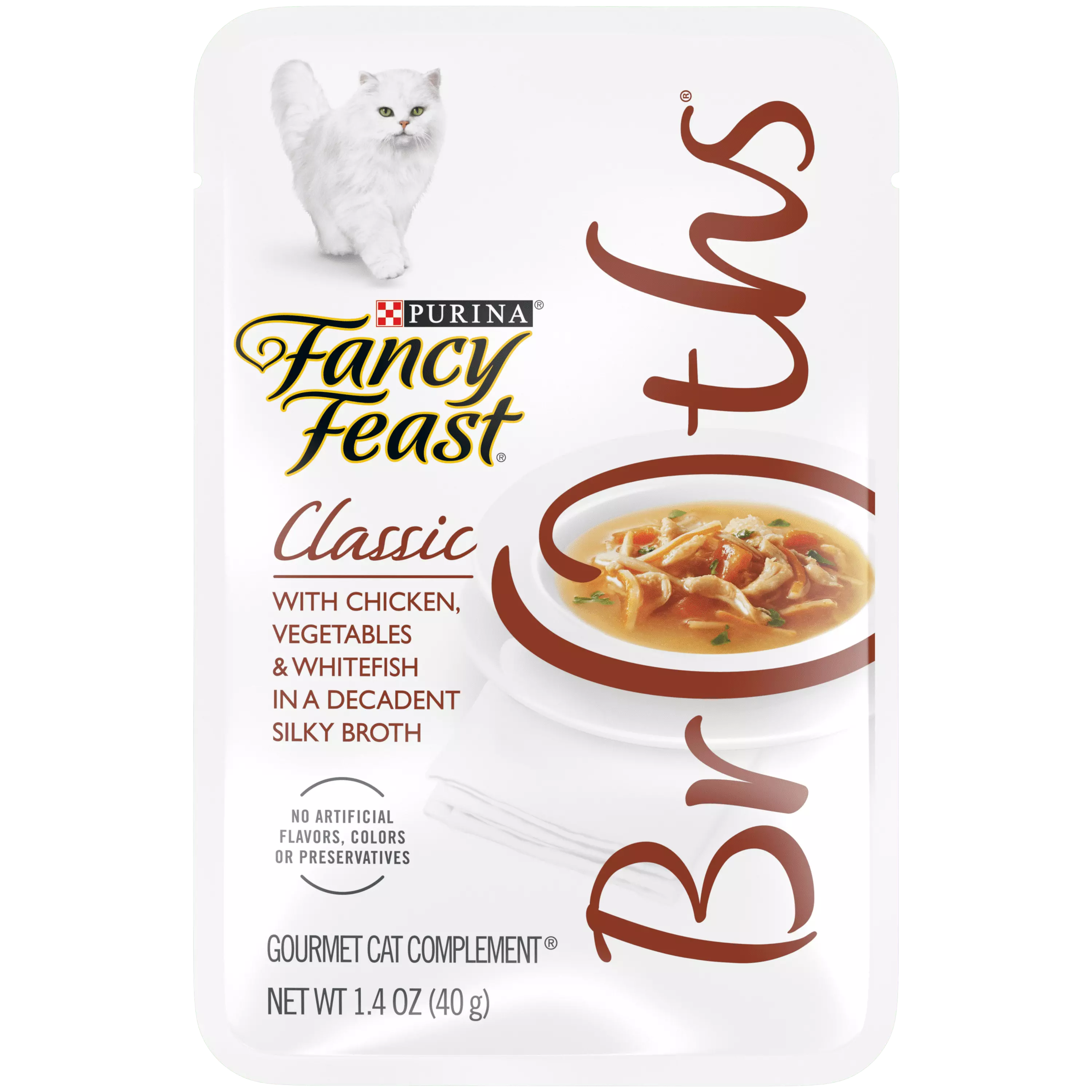 (16 Pack) Fancy Feast Limited Ingredient Wet Cat Food Complement. Broths Classic With Chicken & Whitefish. 1.4 oz. Pouches