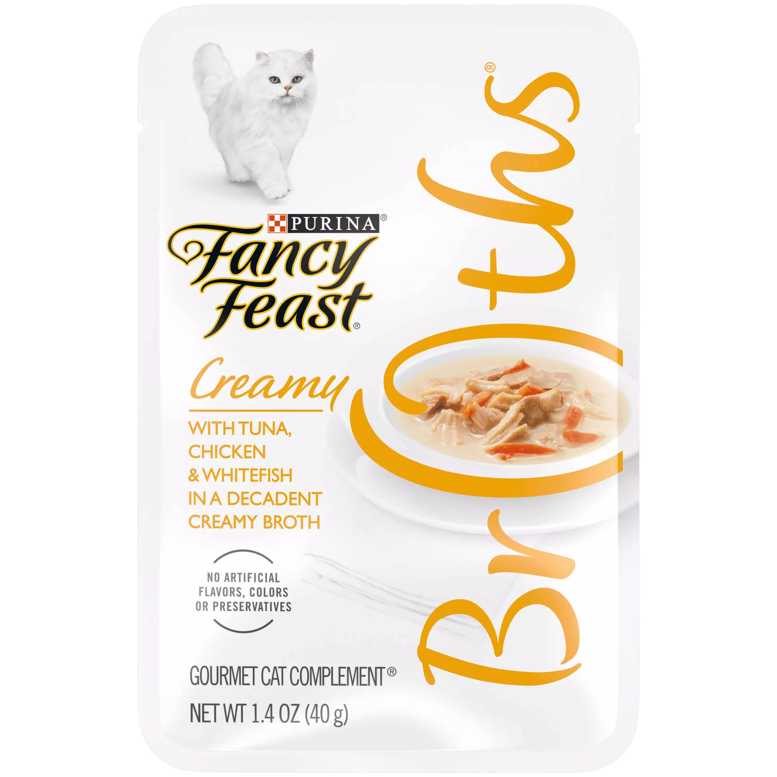 (16 Pack) Fancy Feast Limited Ingredient Wet Cat Food Complement. Broths Creamy With Tuna. Chicken & Whitefish. 1.4 oz. Pouches