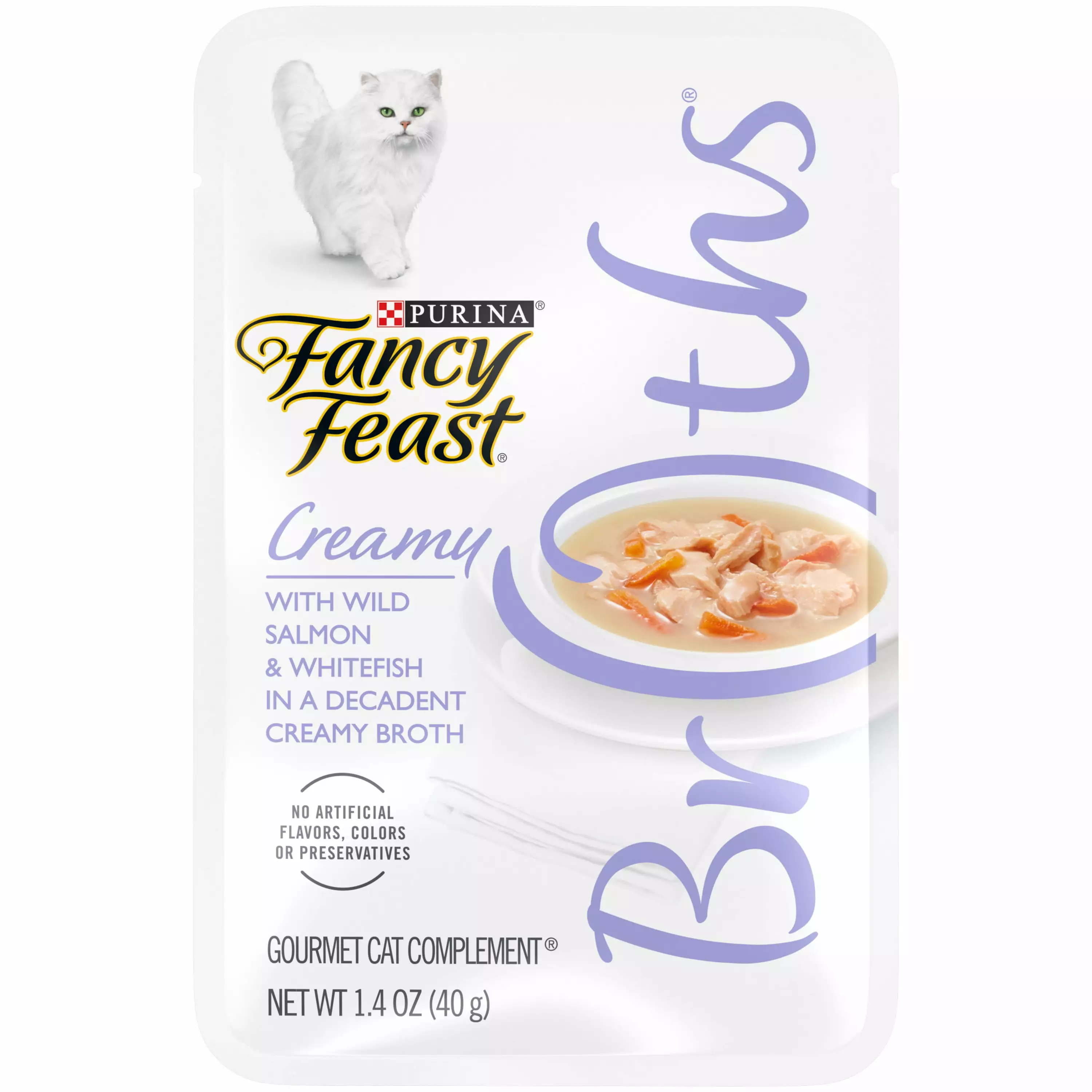 (16 Pack) Fancy Feast Limited Ingredient Wet Cat Food Complement. Broths Creamy With Wild Salmon & Whitefish. 1.4 oz. Pouches