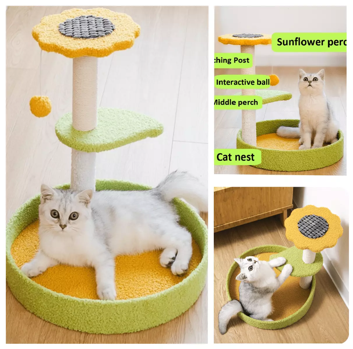 17.32 inch Cat Tree for Indoor Small Cats Kitten Less Than 11 Pounds. with 1 Cat Nest 1 Sisal Covered Scratching Post 2 Perchs 1 Interative Hanging Ball. Green+Yellow