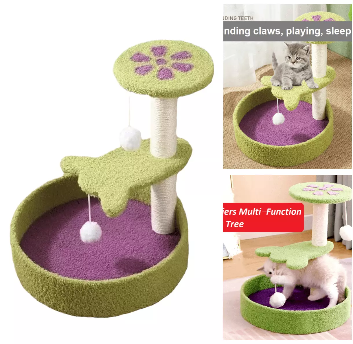 18.5 inch Cat Tree for Indoor Small & Medium Cats Kitten Less Than 16.5 Pounds. with 1 Sisal Covered Scratching Post 2 Small Top Perch 2 Hanging Toy Ball. Green+Purple