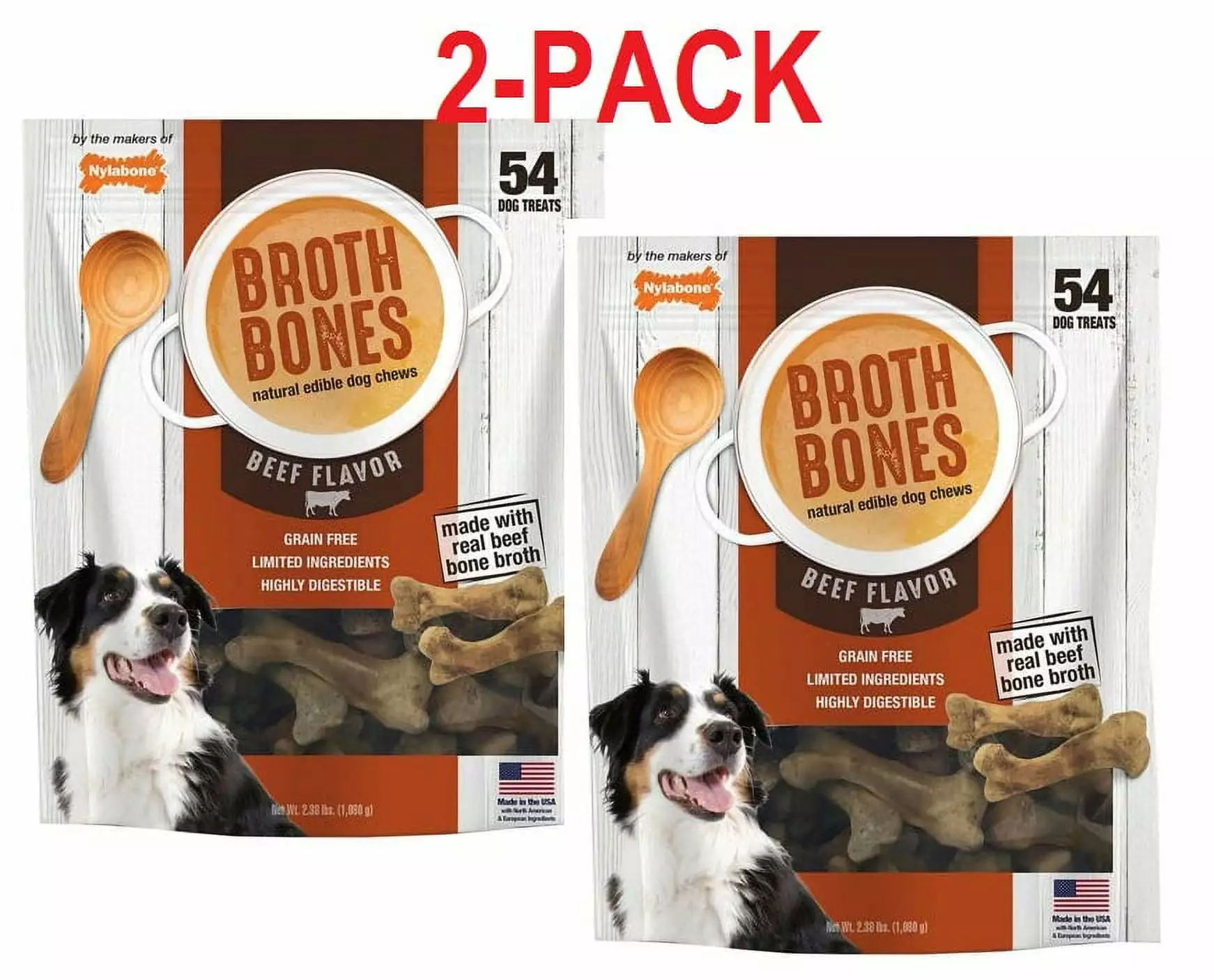 2 Pack Nylabone Broth Bones Natural Edible Dog Chews 54 ct 2.38 LB (108 CT Total)