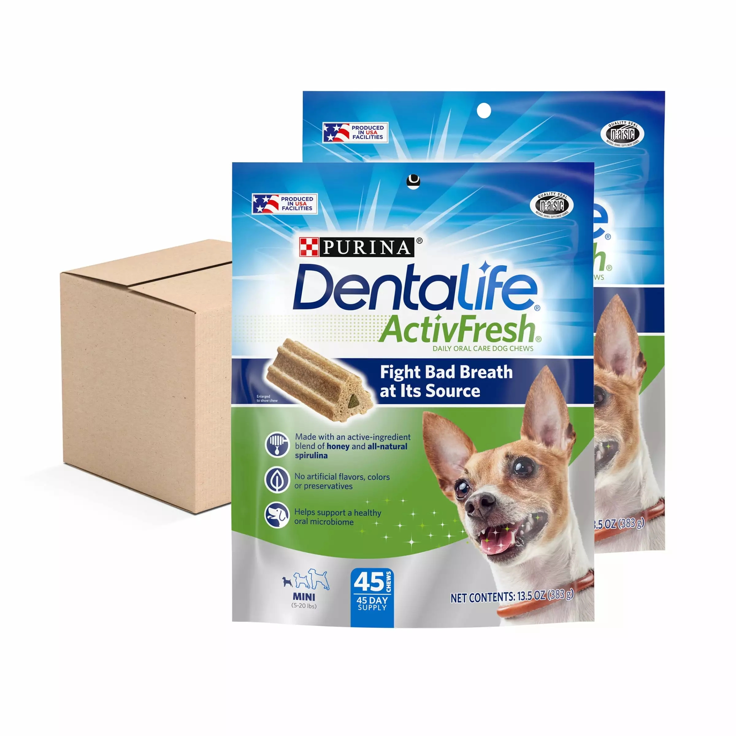 (2 Pack) Purina DentaLife ActivFresh Daily Oral Care Mini Dog Chews. 45 Ct. Pouches