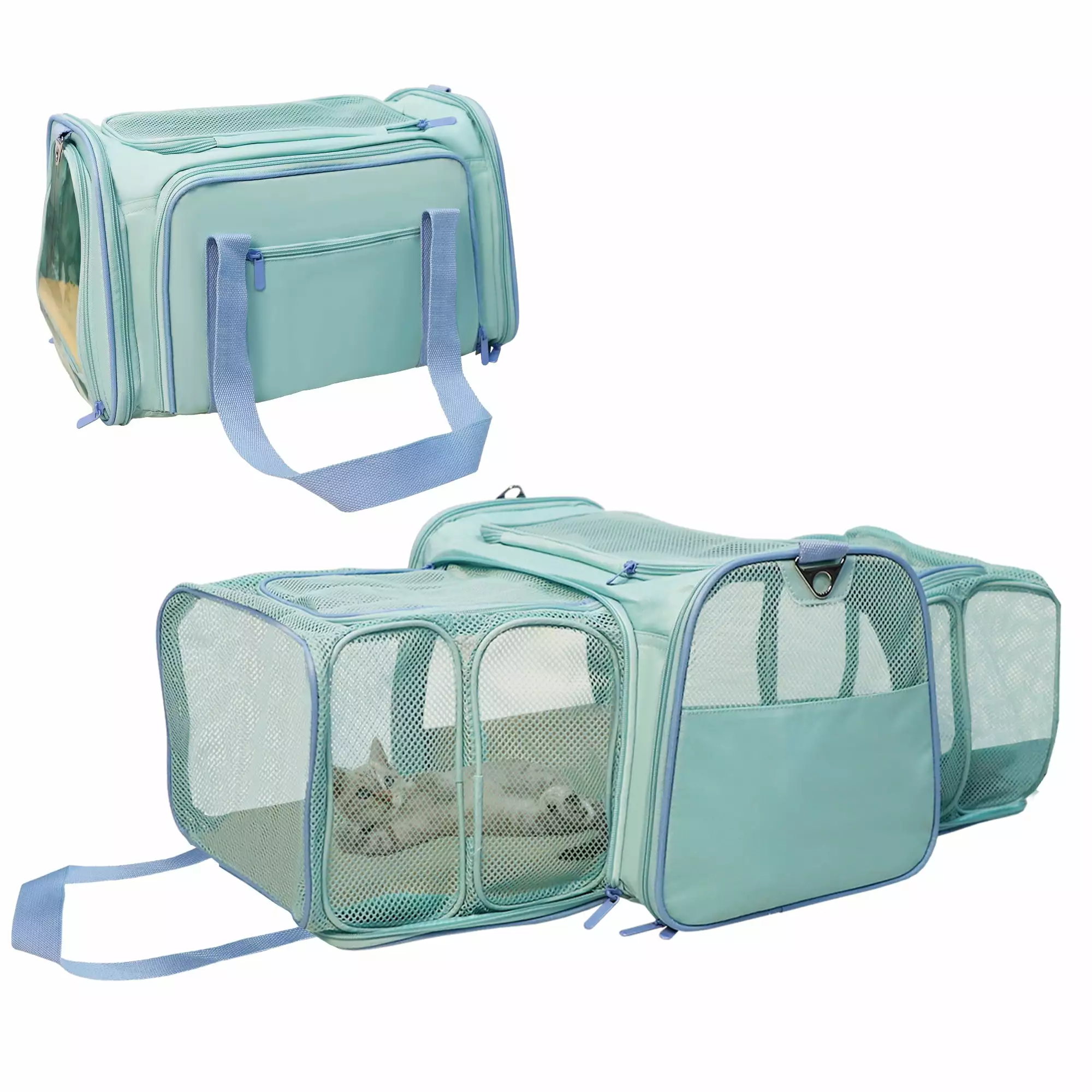 2 Sides Expandable Foldable Soft-Sided Pet Carrier. Airline Approved Pet Carrier for Cats. Dogs and Small Animals. Soft- Sided Travel Carrier with Removable Fleece Pad. Shoulder Strap. Green