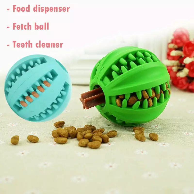 2 Teeth Cleaner Food Treat Dispenser Fetch Chewing Ball Cat Dog Play Rubber Toy