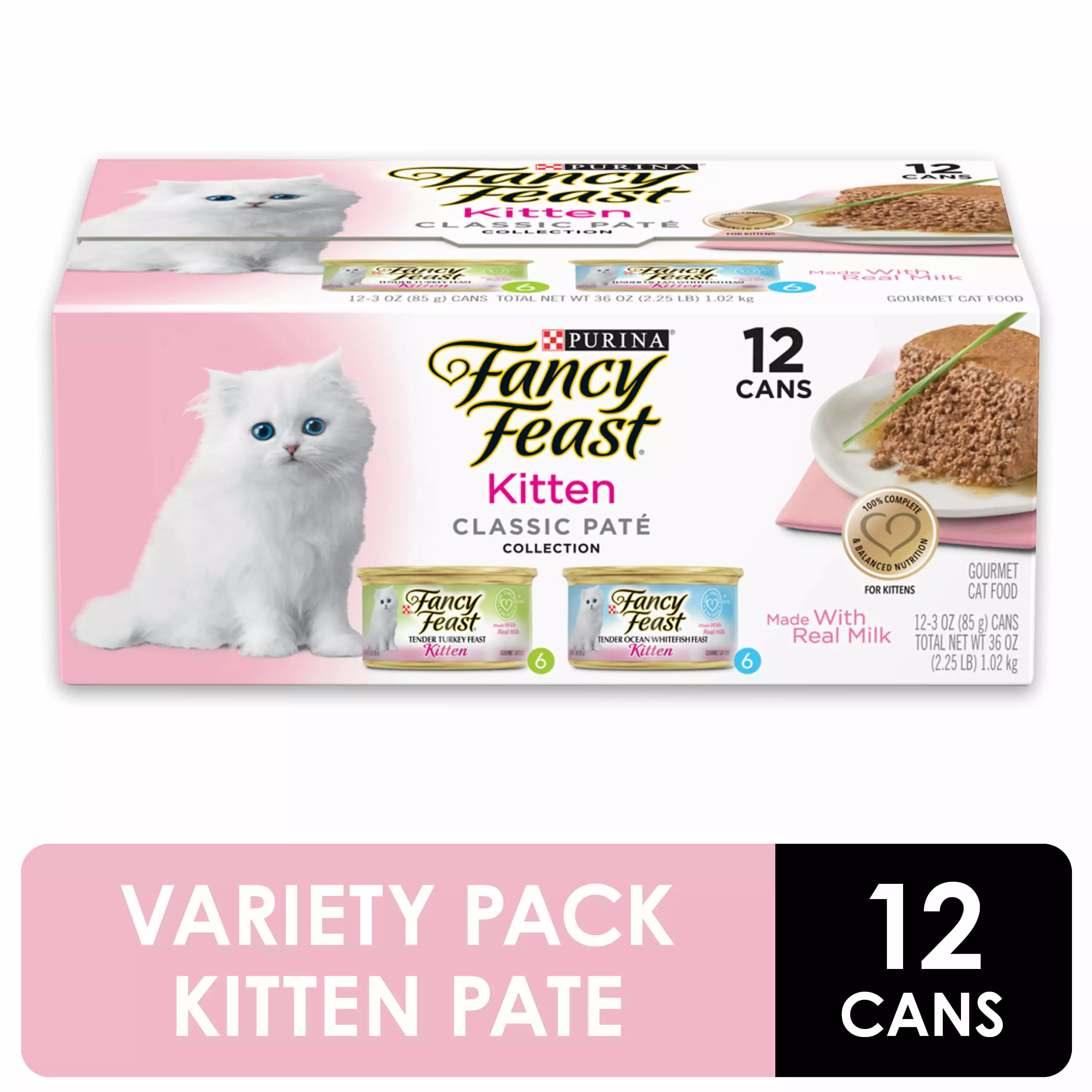 (24 Pack) Fancy Feast Grain Free Pate Wet Kitten Food Variety Pack. Kitten Classic Pate Collection Turkey & Whitefish. 3 oz. Cans