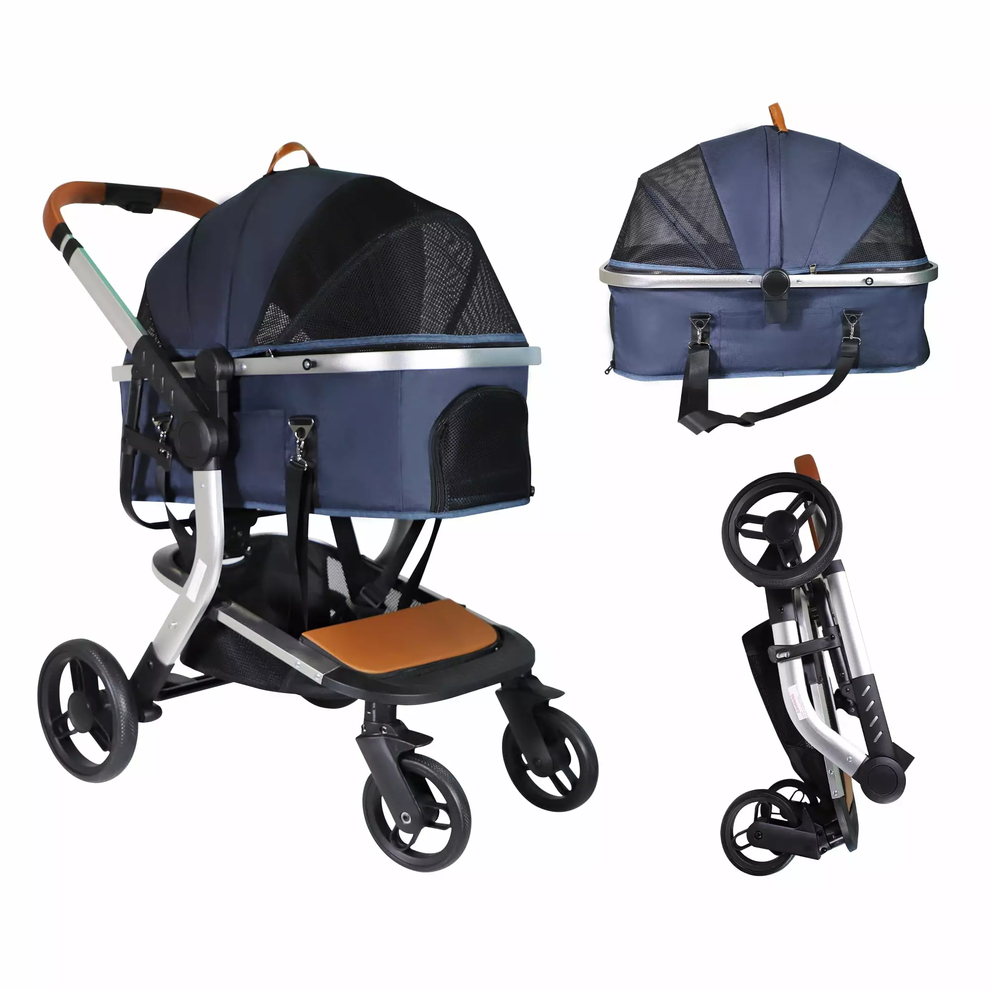 3 in 1 Multifunction Pet Stroller for Small Medium Dogs & Cats. Dog Stroller with Detachable Carrier & Cup Holder.4 Wheels Travel Foldable Aluminum Alloy Frame Up to 33 lbs.Blue