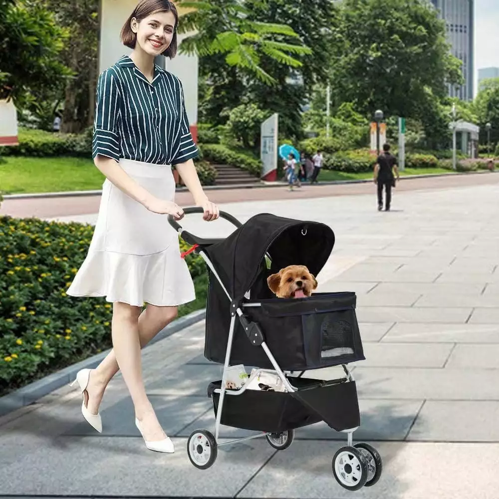 3 Wheel Dog Stroller Folding Pet Stroller Travel Dog Carriers for Small Dogs with Free Pad & Cup Holder. Black