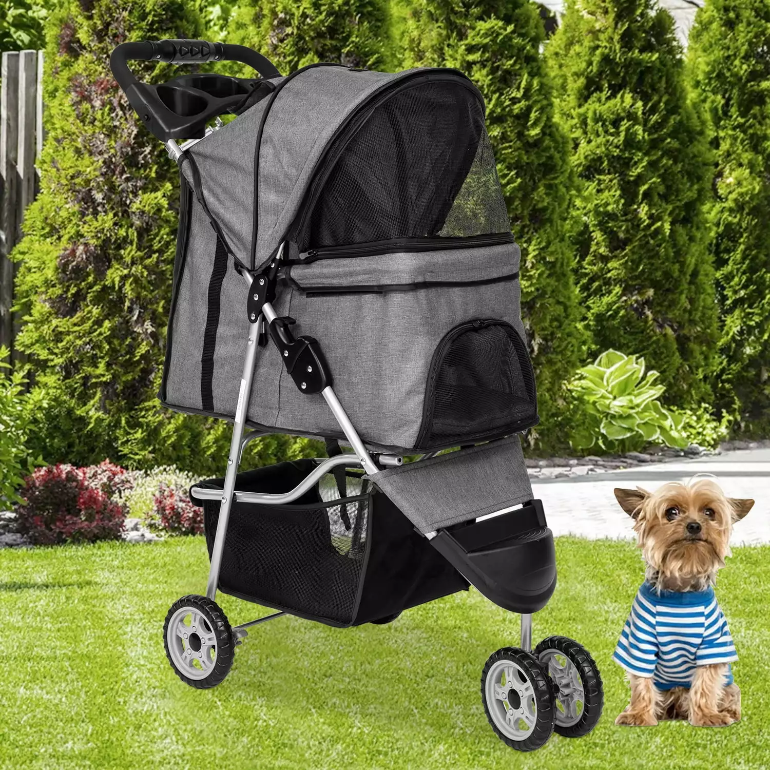 3 Wheels Pet Stroller Folding Dog Stroller Cat Stroller with Cup Holder & Storage Basket for Medium Small Dogs Cats. Grey