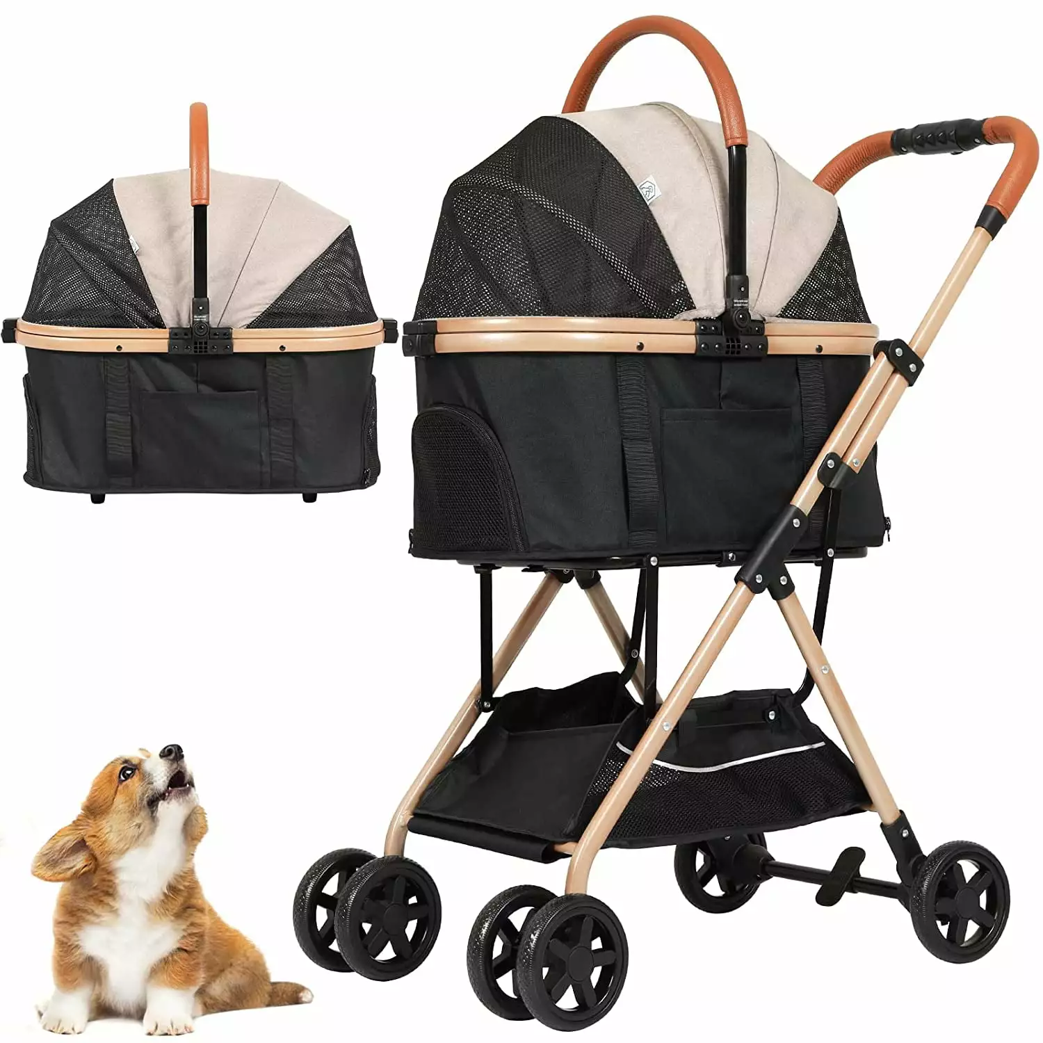 3-in-1 Pet Stroller Foldable Travel Jogging Strolling Cart with Zipperless Dual Entry & Detachable Carrier and Liner for Medium Small Dogs Cats. Khaki