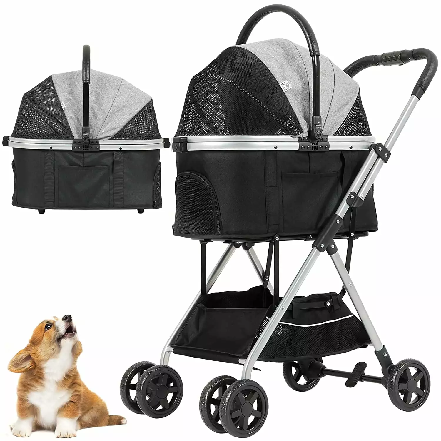 3-in-1 Pet Stroller for Medium Small Dogs Cats. Dog Stroller with Detachable Carrier. Zipperless Dual Entry. Grey