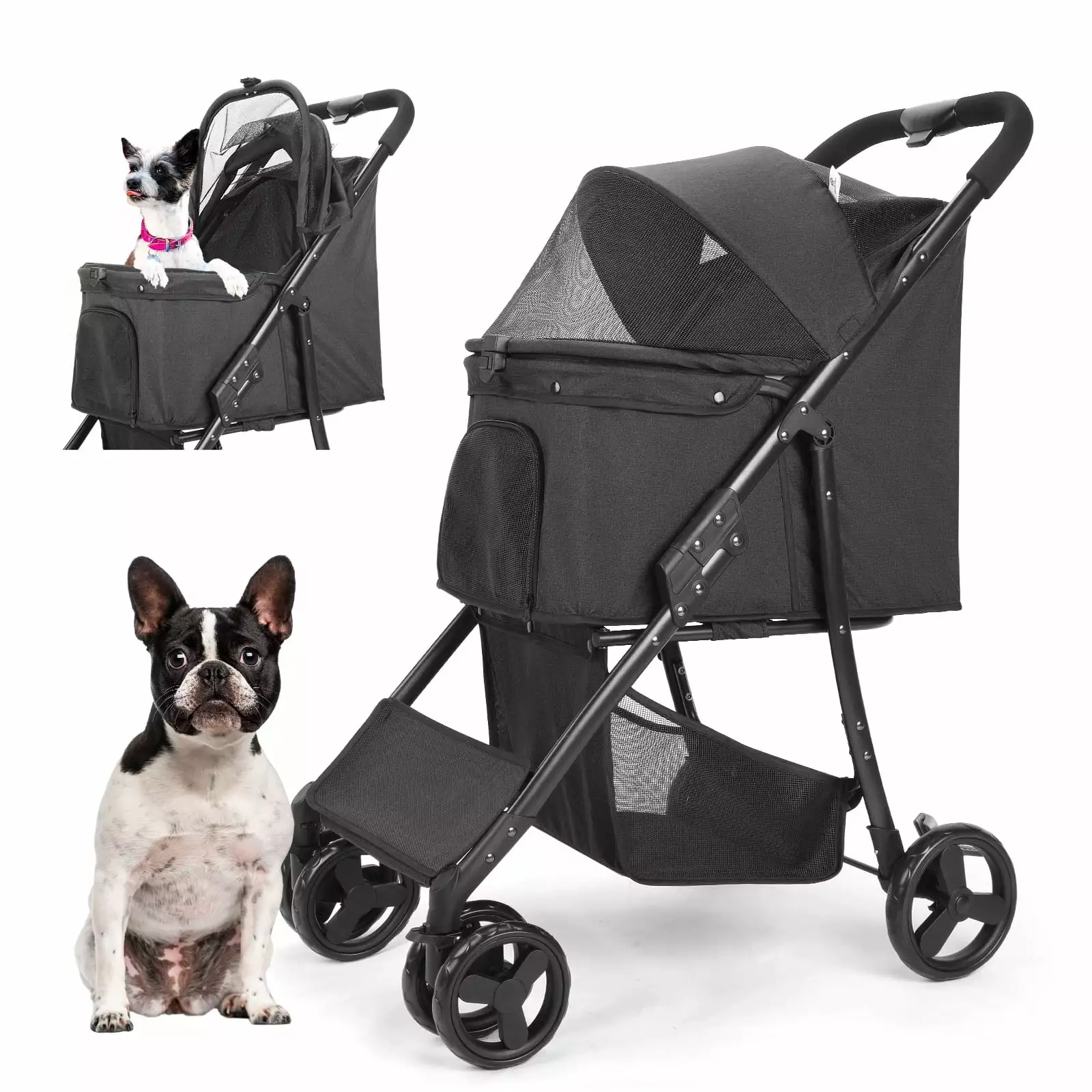 4 Wheel Dog Stroller. Wedyvko Foldable Pet Stroller with Storage Basket for Small Medium Dogs & Cats (Black)