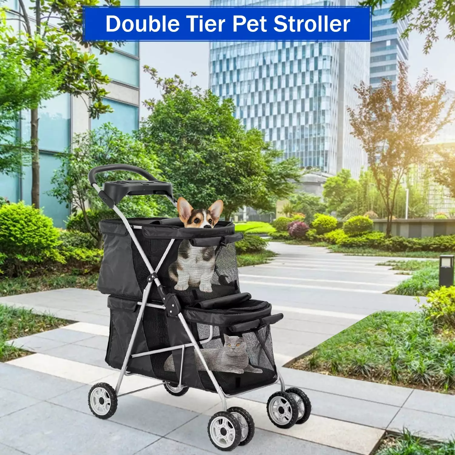 4 Wheels Pet Stroller Dog Cat Stroller. Foldable 2 Cages Strollers Kitten Puppy Carriages w/Cup Holders Soft Pad for Small Medium Dogs Cats (Black)