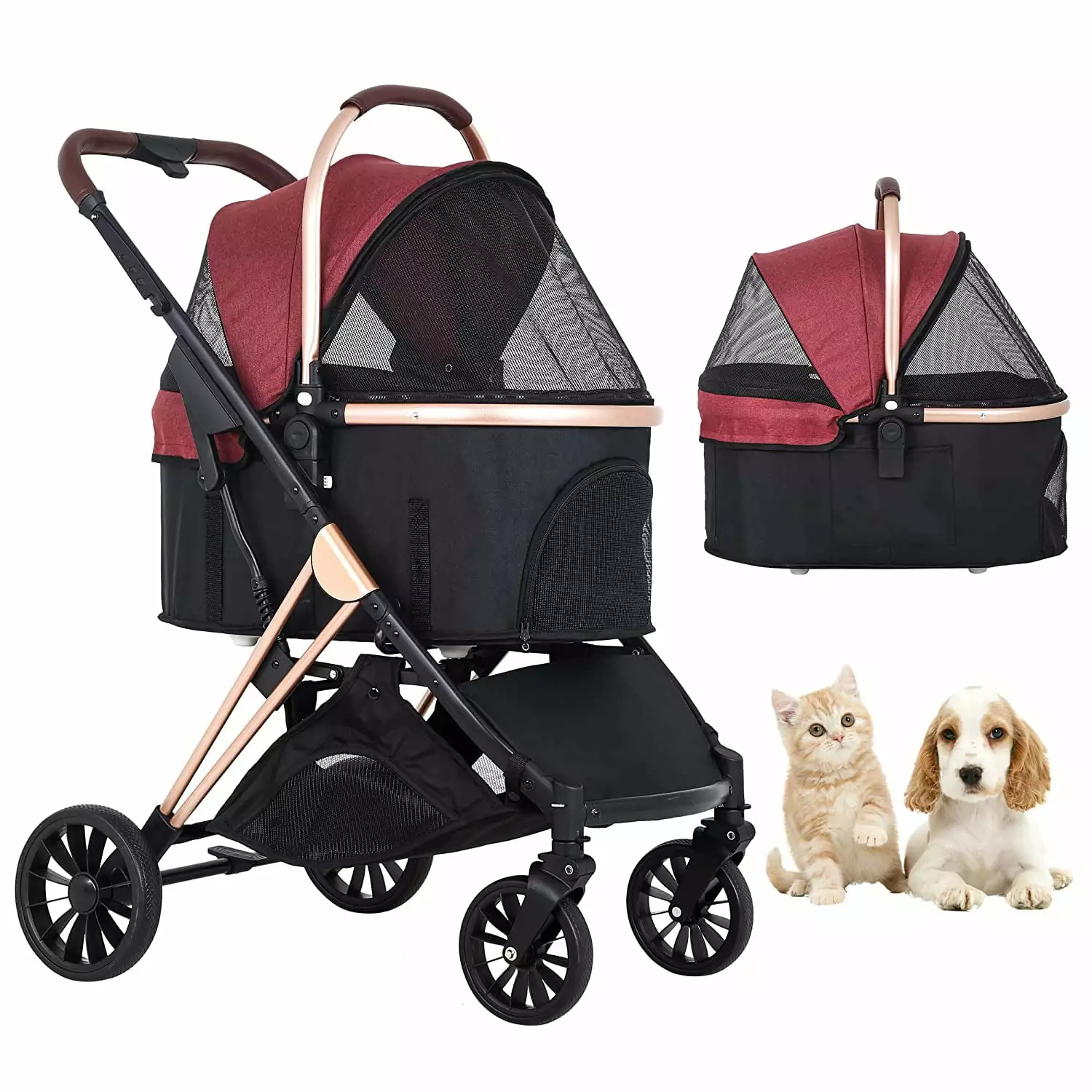 4 Wheels Dog Stroller. 3-in-1 Multifunction Pet Stroller with Detachable Carrier Folding Lightweight Travel Aluminium Frame Dog Cat Stroller with Side Pocket for Medium Small Dogs Cats