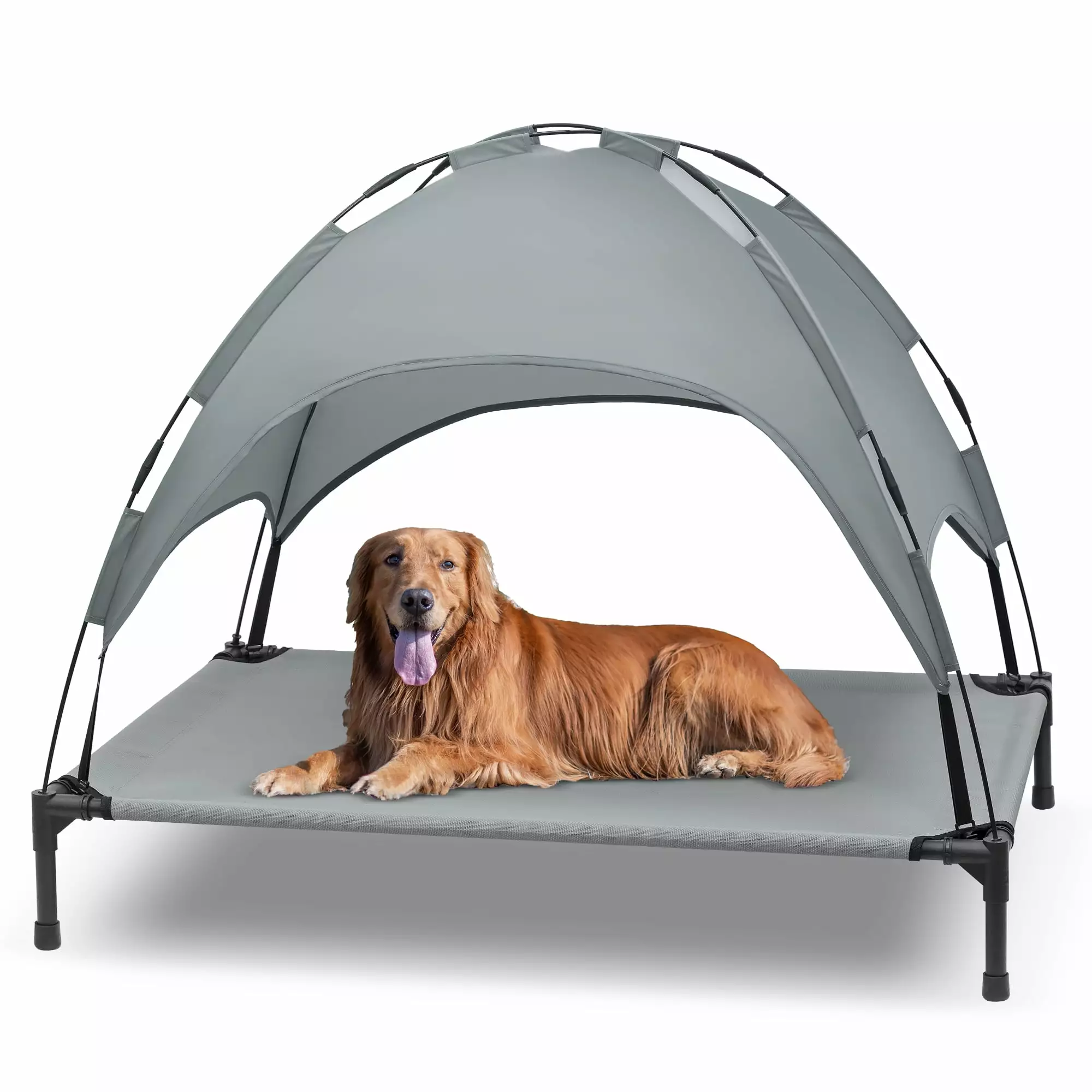 48 Inches Extra Large Elevated Dog Bed with Canopy. Portable Indoor Outdoor Pet Cot with Removable Canopy Shade Tent for Dogs and Cats. Grey