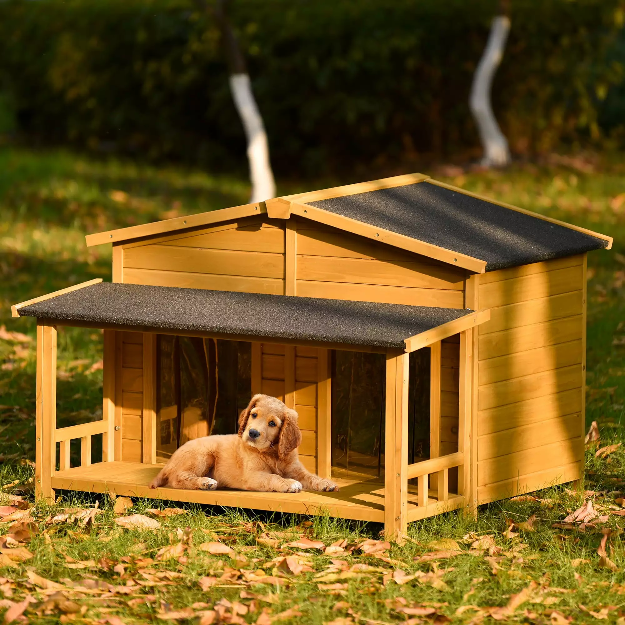 BEKAY Outdoor Wooden Dog House . Animal Shelter for Large Medium Small Dogs with Porch 2 Doors Asphalt Roof Elevated Floor Easy Assembly