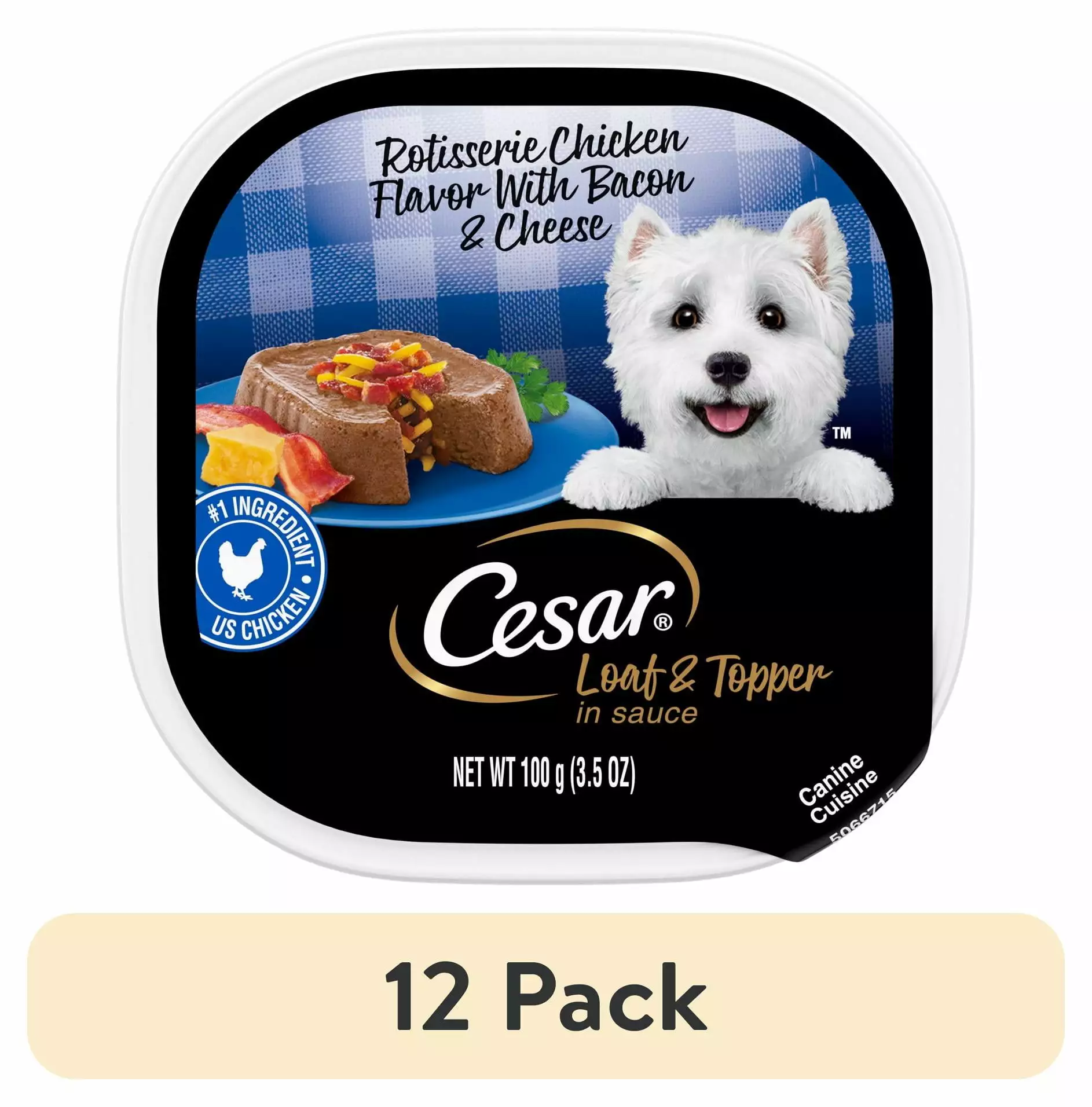 (12 pack) Cesar Loaf & Topper in Sauce Adult Wet Dog Food Rotisserie Chicken w/Bacon & Cheese. 3.5 oz