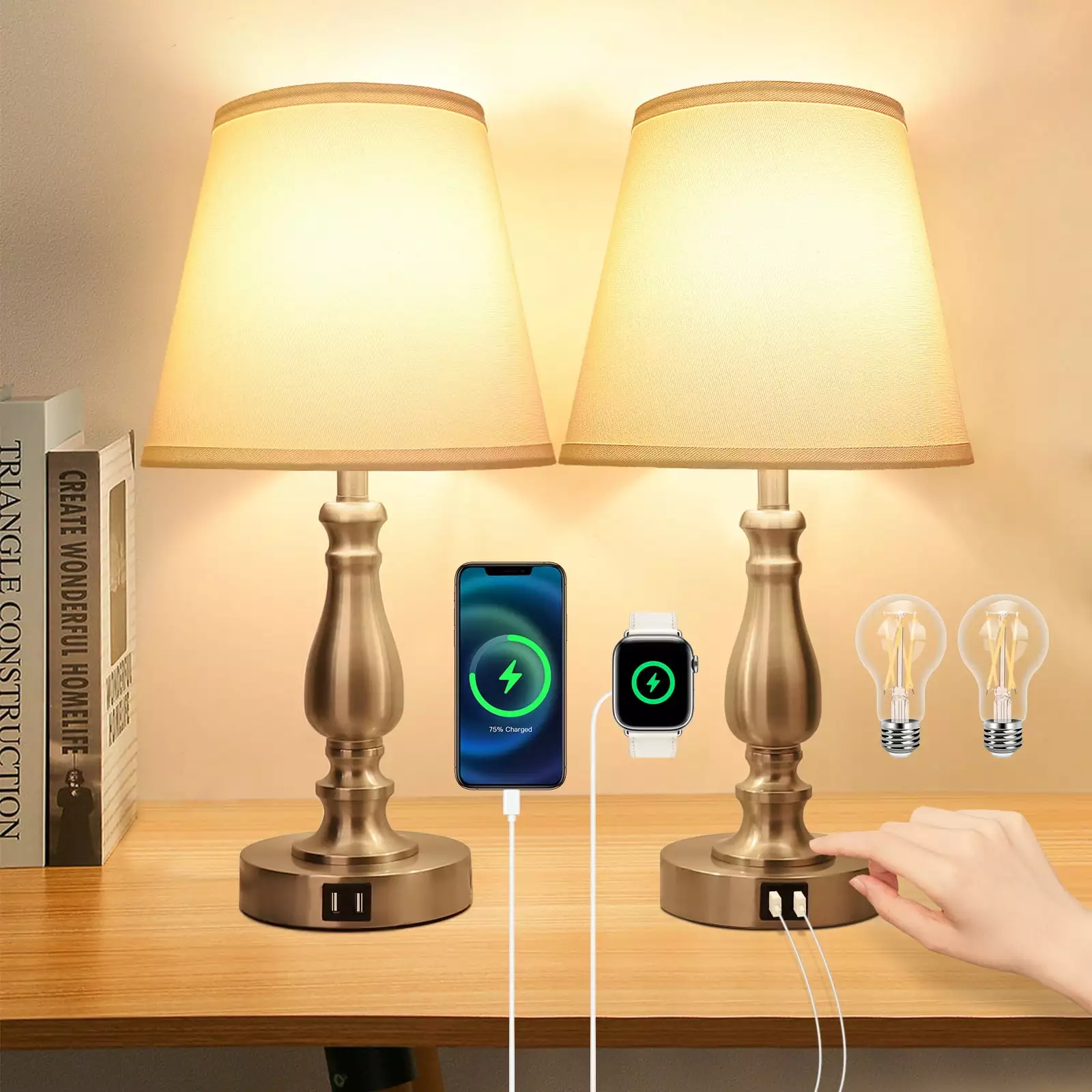 ??DEAL??Touch Control Bedside Lamps with 2 USB Charging Ports. 3 Ways Dimmable Nightstand Lamps with A19 6W LED Bulb. USB Modern Fabric Table Lamps for Bedroom. Living Room. Office Set of 2 .Silver