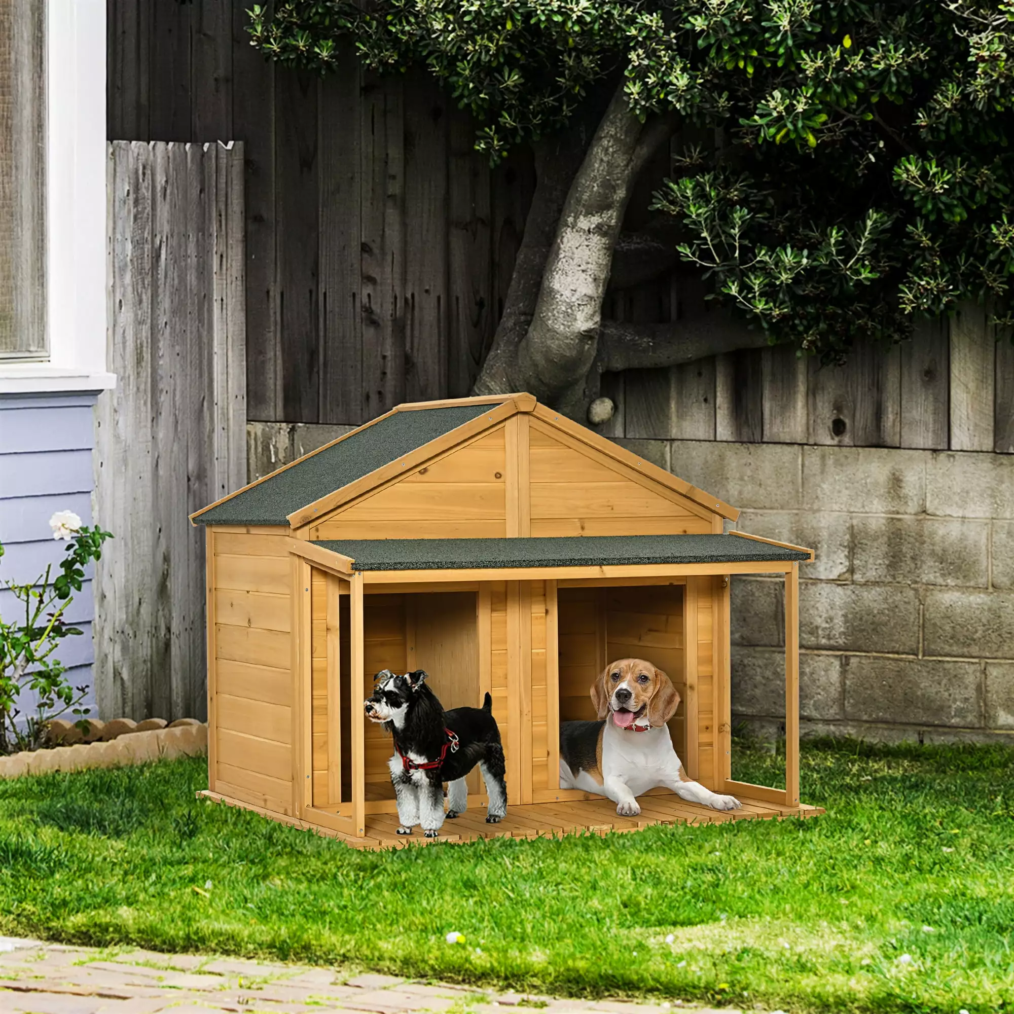 PawHut Outdoor Wooden Dog House for 2 Medium or Small Dogs with Porch