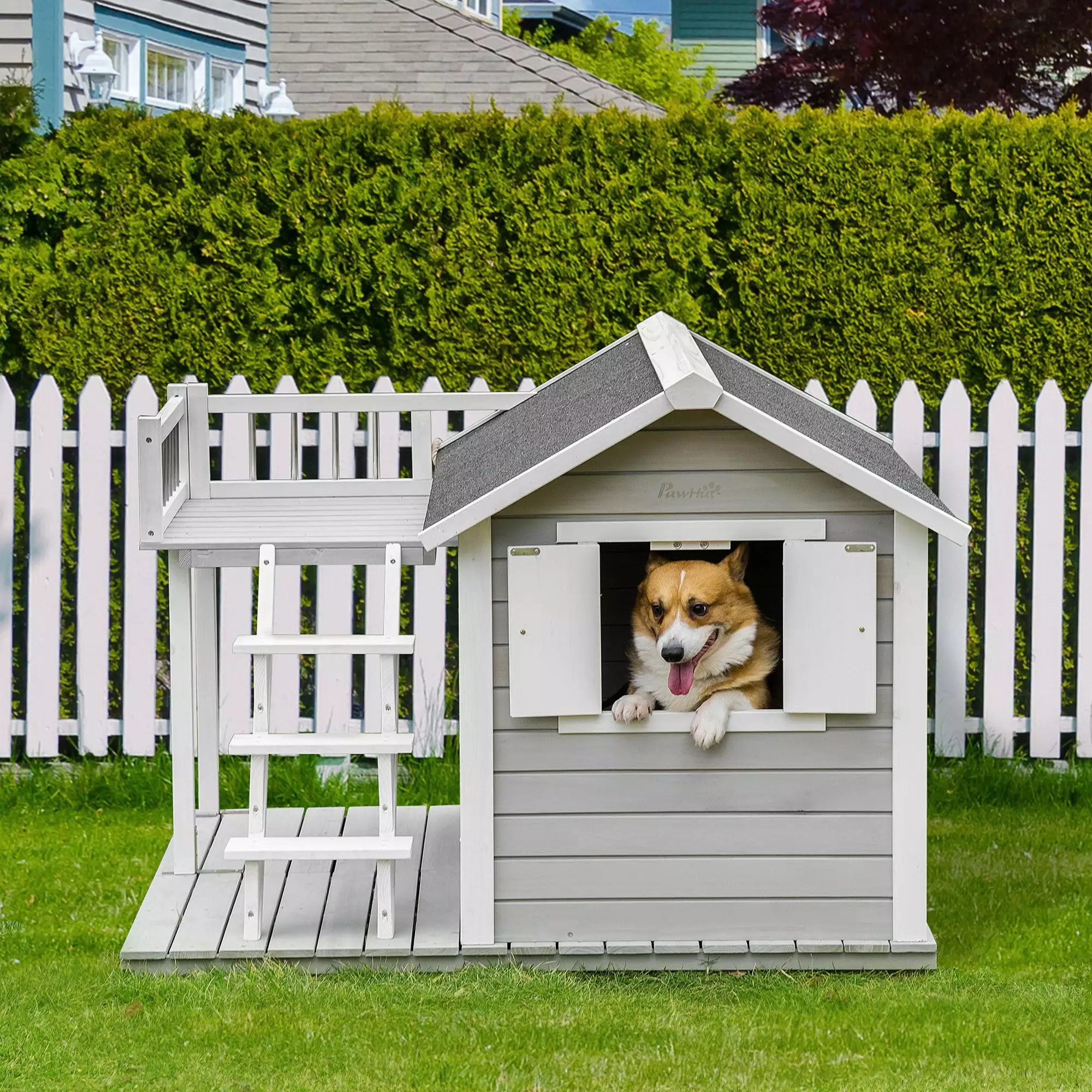 PawHut Wooden Dog House Outdoor with Porch. Cabin Style Raised Pet House with Ladder Balcony Water-resistant Asphalt Roof. for Medium and Large Dogs