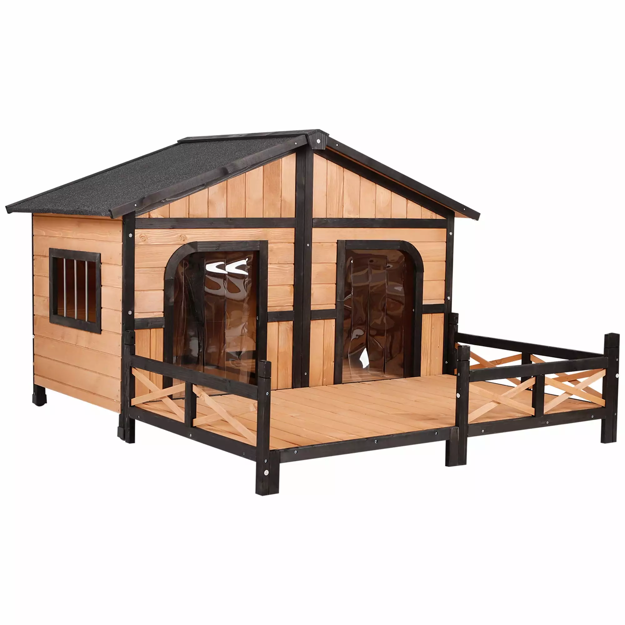 Pawhut Wooden Large Dog House. Perfect for the Porch or Deck and Includes Bottom Slide-Out Tray. 59 L. Natural