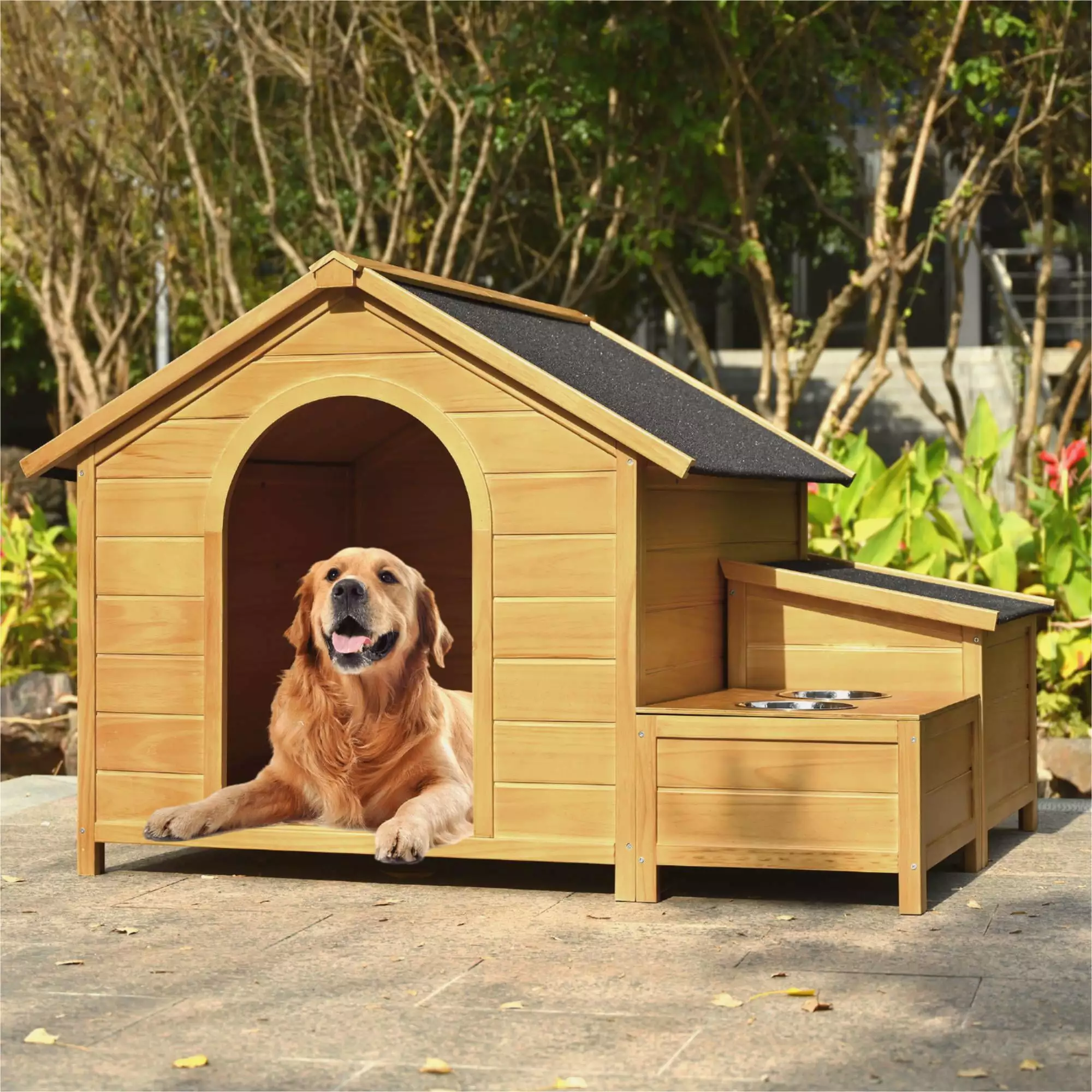 Pefilos 51 Outdoor Large Dog House. Solid Wood Dog Kennel. Weatherproof Dog Shelter with Feeder and Storage Box. Beige