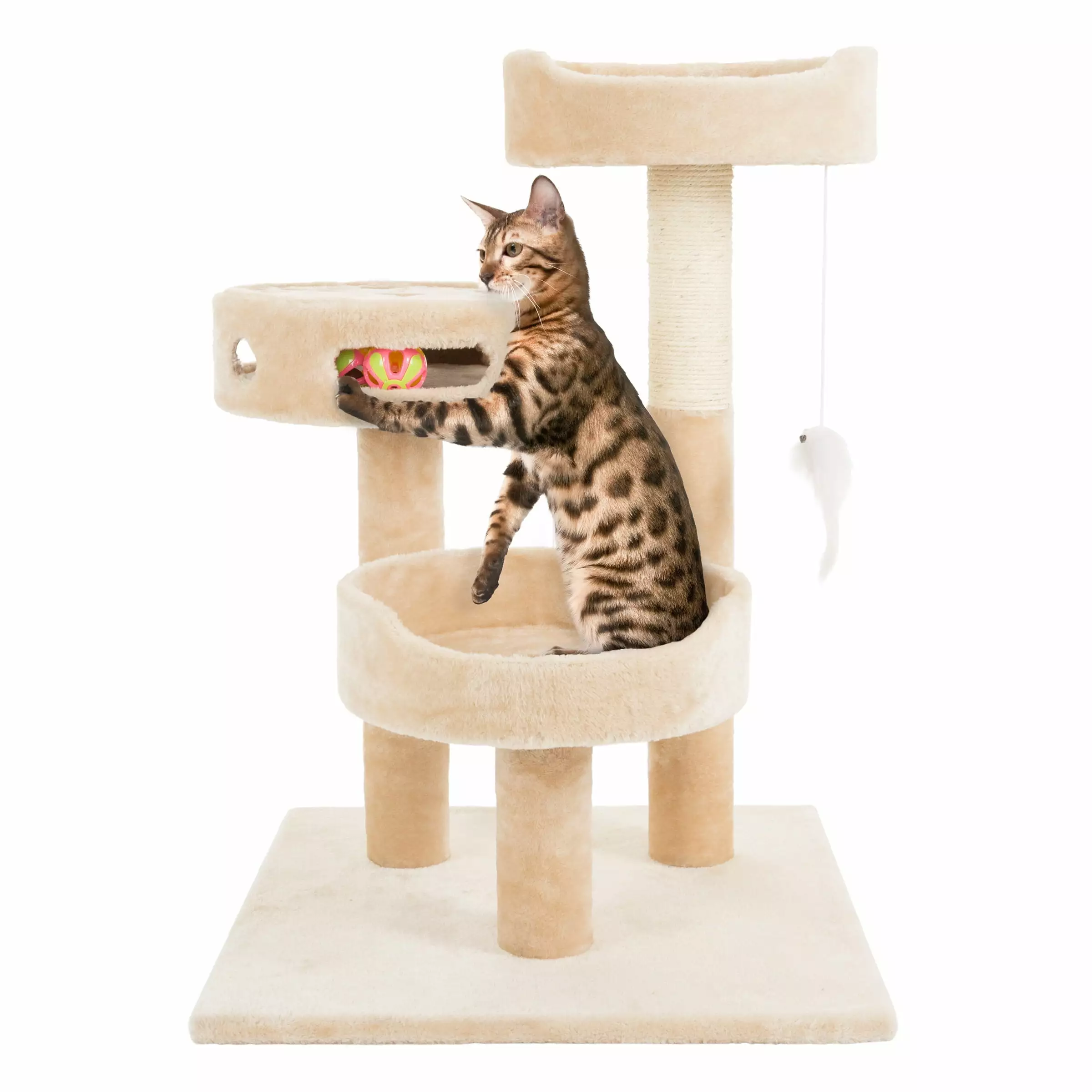 3-Tier Cat Tree 2 Carpeted Napping Perches Sisal Rope Scratching Post Hanging Mouse and Interactive Cheese Wheel Toy by Petmaker (Beige)