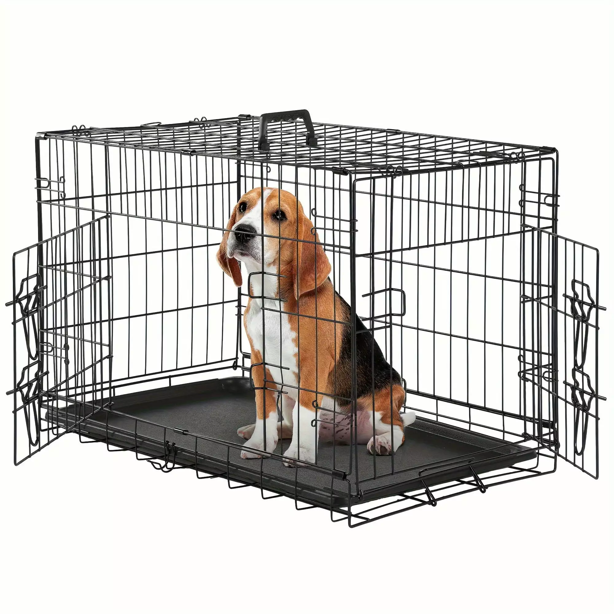 [Sweetcrispy] Double Door Dog Cage With Divider Panel. Folding Metal Wire Dog Cage With Plastic Leak-Proof Pan Tray For Indoor. Outdoor. Travel