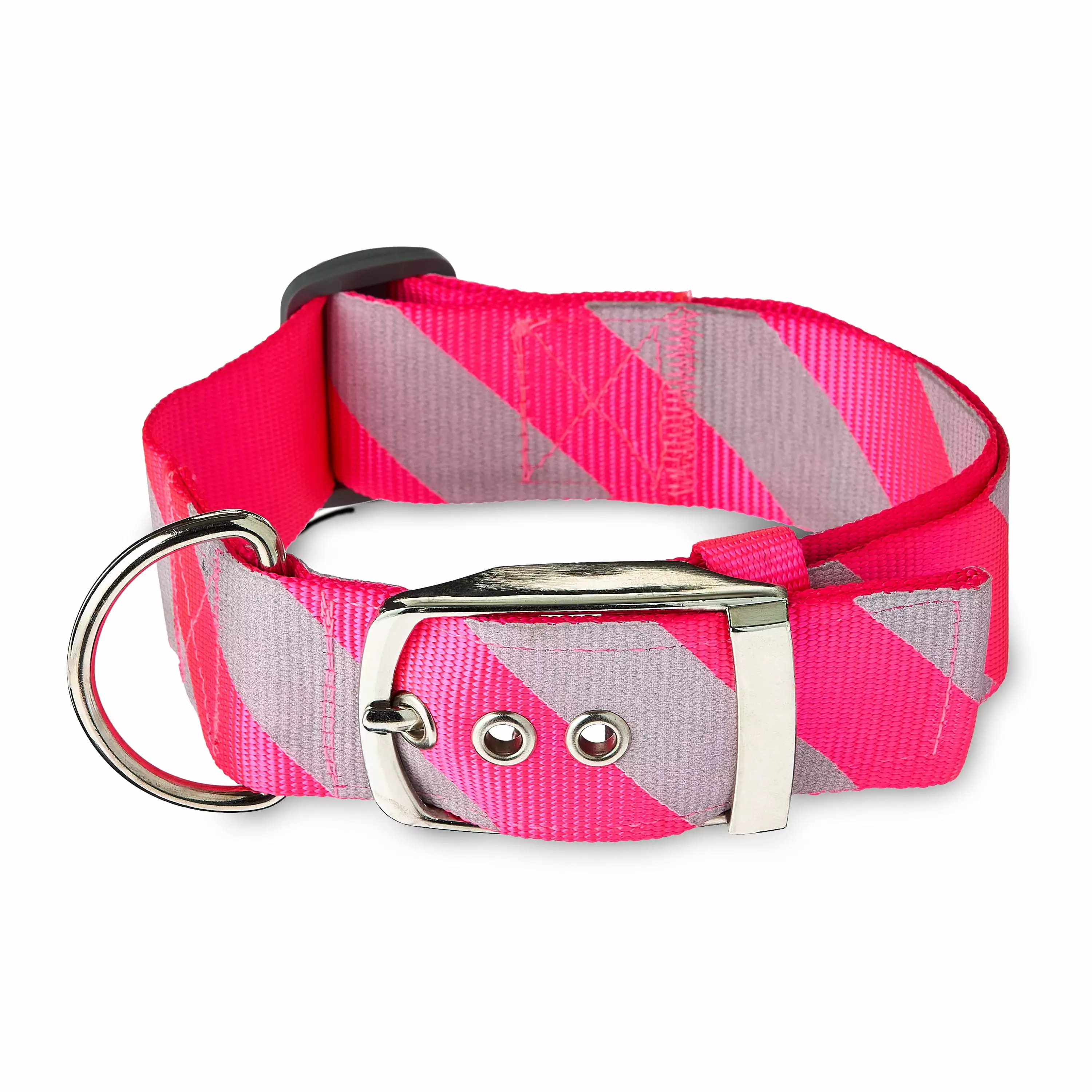 Vibrant Life Diagonal Stripe Extra Wide Adjustable Reflective Collar for Dogs. Pink & Gray. Large