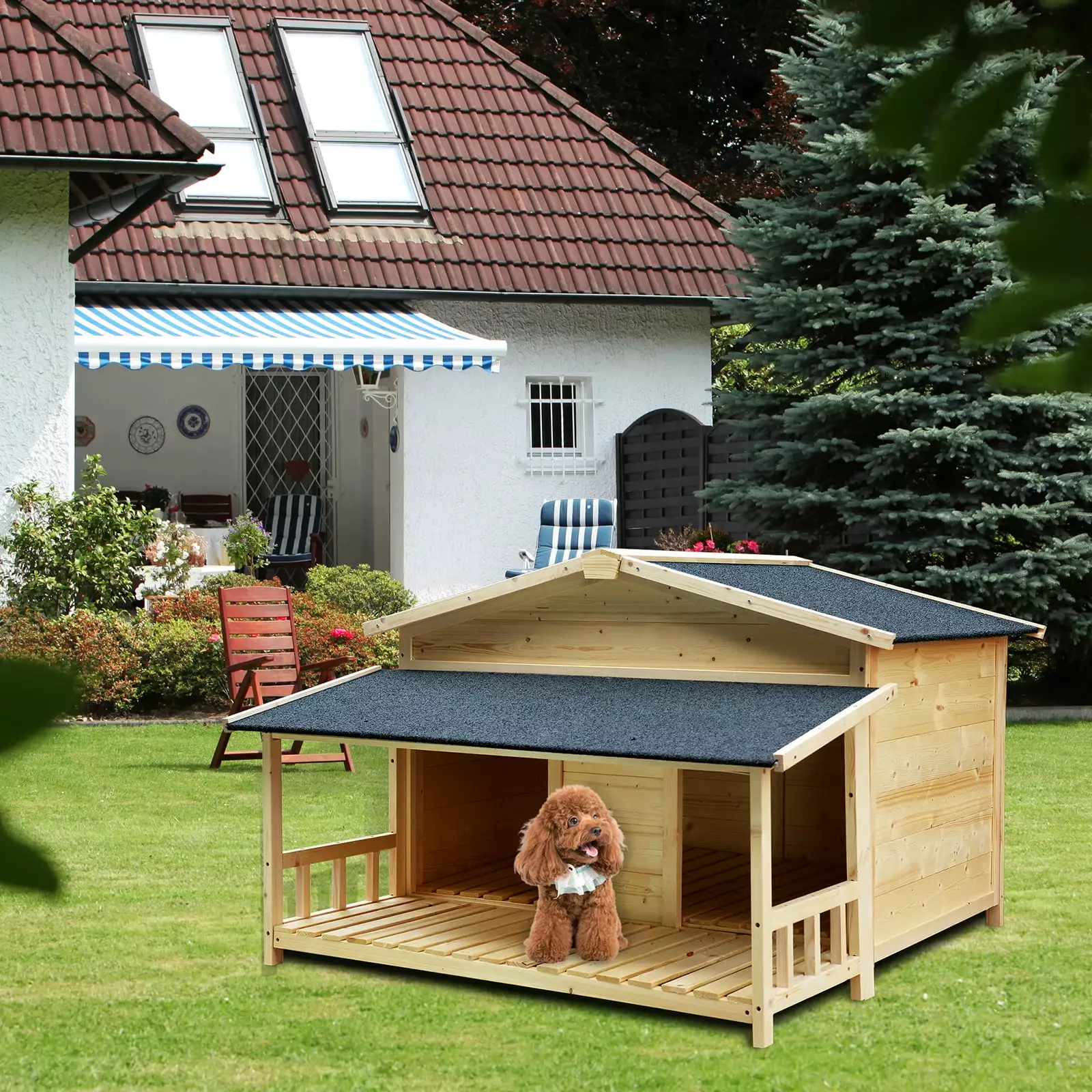 Wooden Dog House Outdoor. 47.2 Dog House Cabin Style. Dog Kennel with Elevated Floor and Porch. Asphalt Roof. Weatherproof Puppy Shelter for Small Medium Dogs