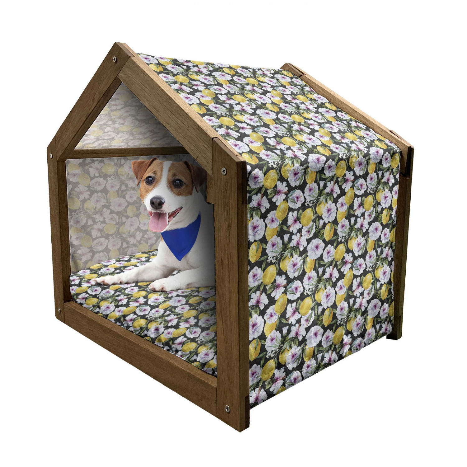 Floral Pet House. Tropical Hibiscus Blossoms Petals with Lemons Nature Harvest Spring Essence Image. Outdoor & Indoor Portable Dog Kennel with Pillow and Cover. 5 Sizes. Multicolor. by Ambesonne