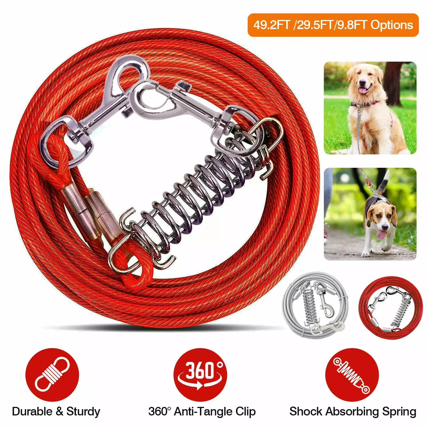 iMounTEK Dog Tie Out Cable. 50/30/10FT Dog Runner Cable with 360?? Rotatable Swivel Hook and Shock Spring for Yard Outdoor and Camping